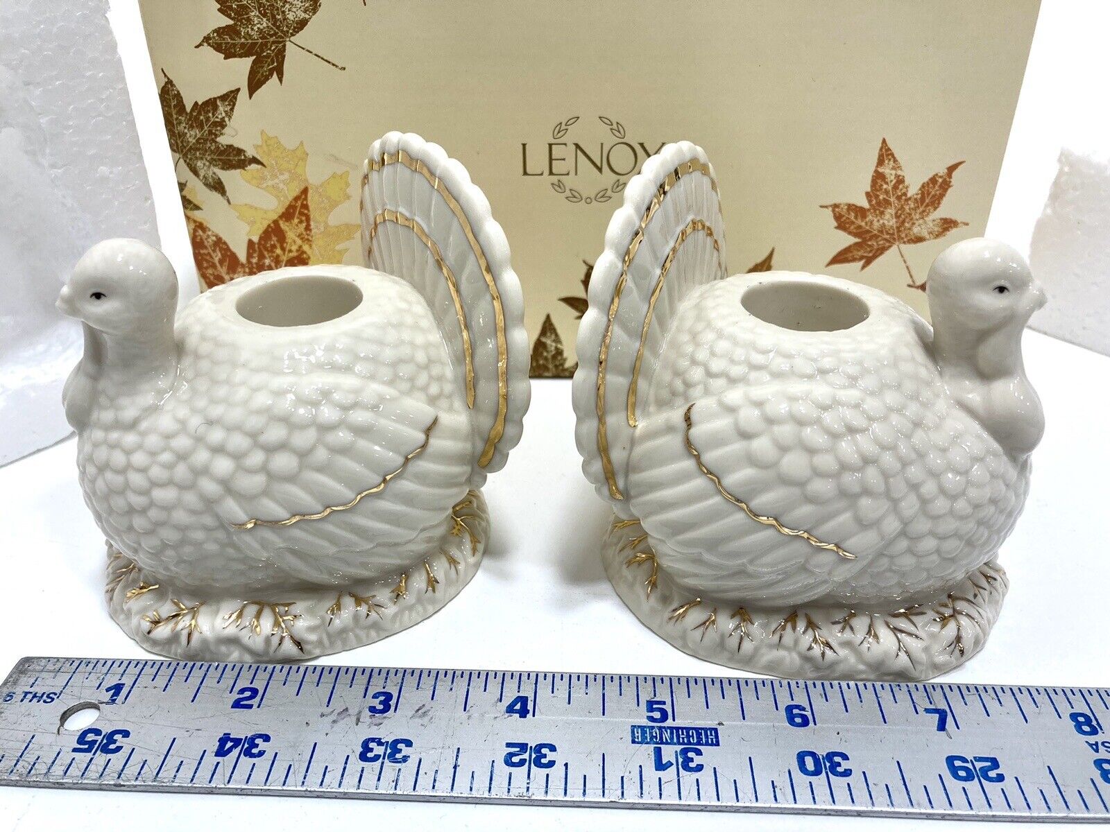 Lenox Thanksgiving Turkey Candlestick Holders Gold Trim with Box