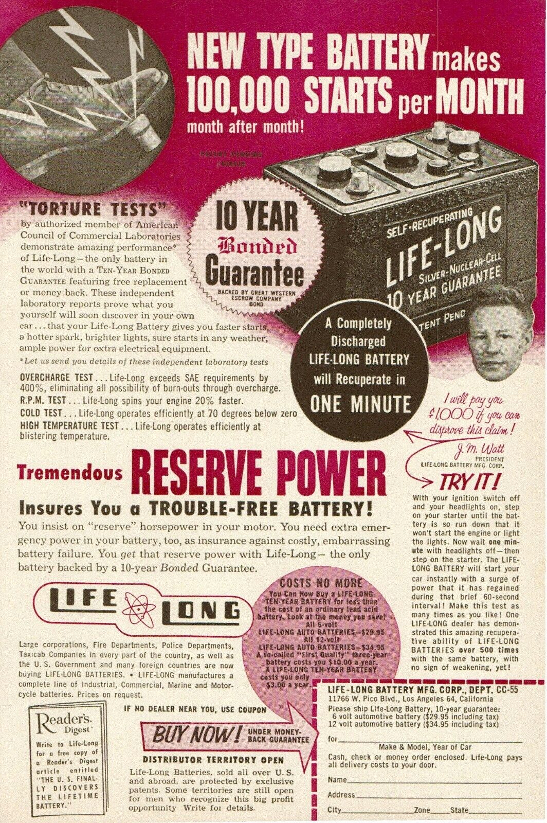 1955 Life Long New Type Battery, Micro Bronze Oil Filter, Double Sided Print Ad