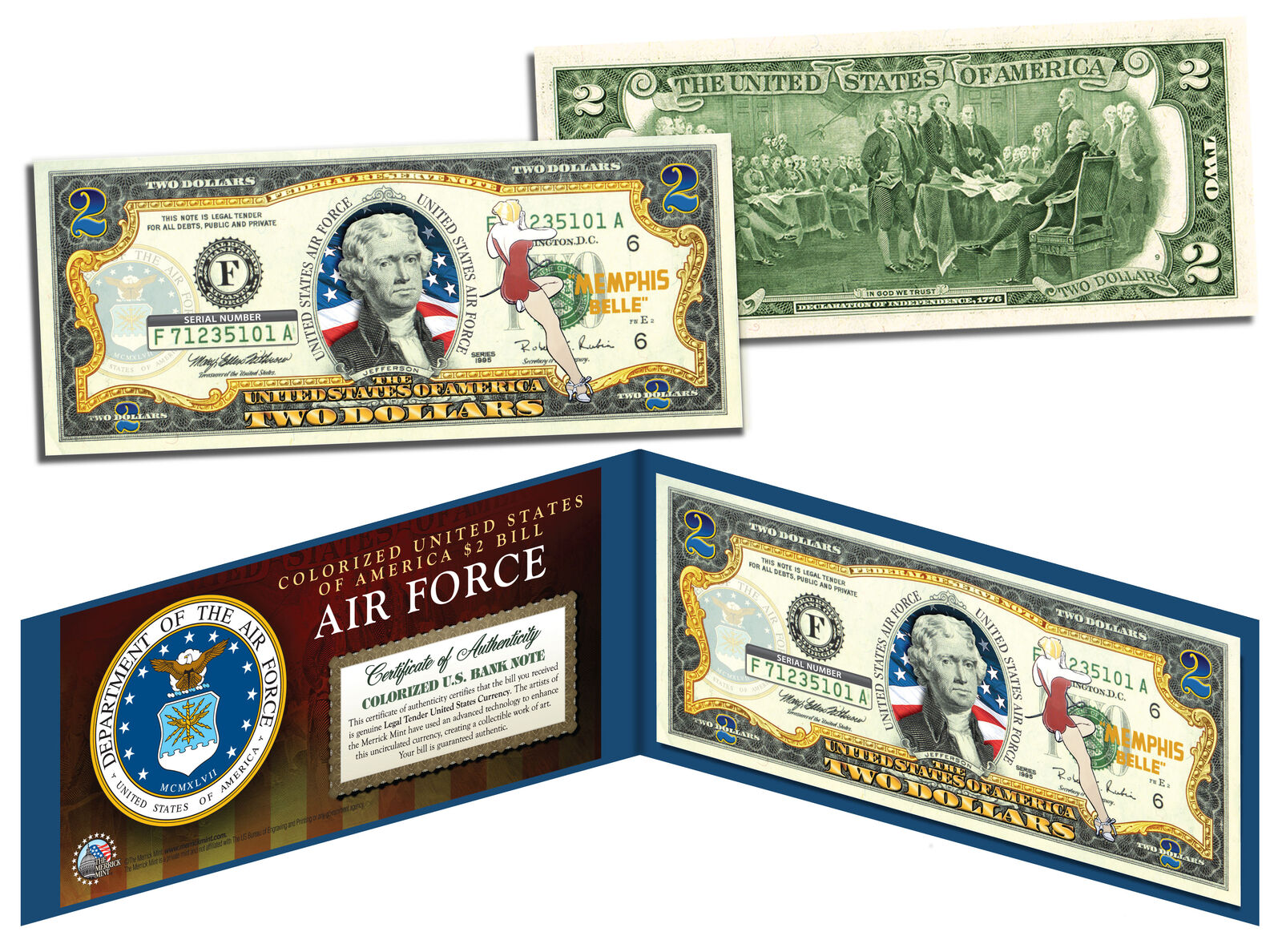 US AIR FORCE WWII Vintage Genuine Legal Tender Colorized U.S. $2 Bill