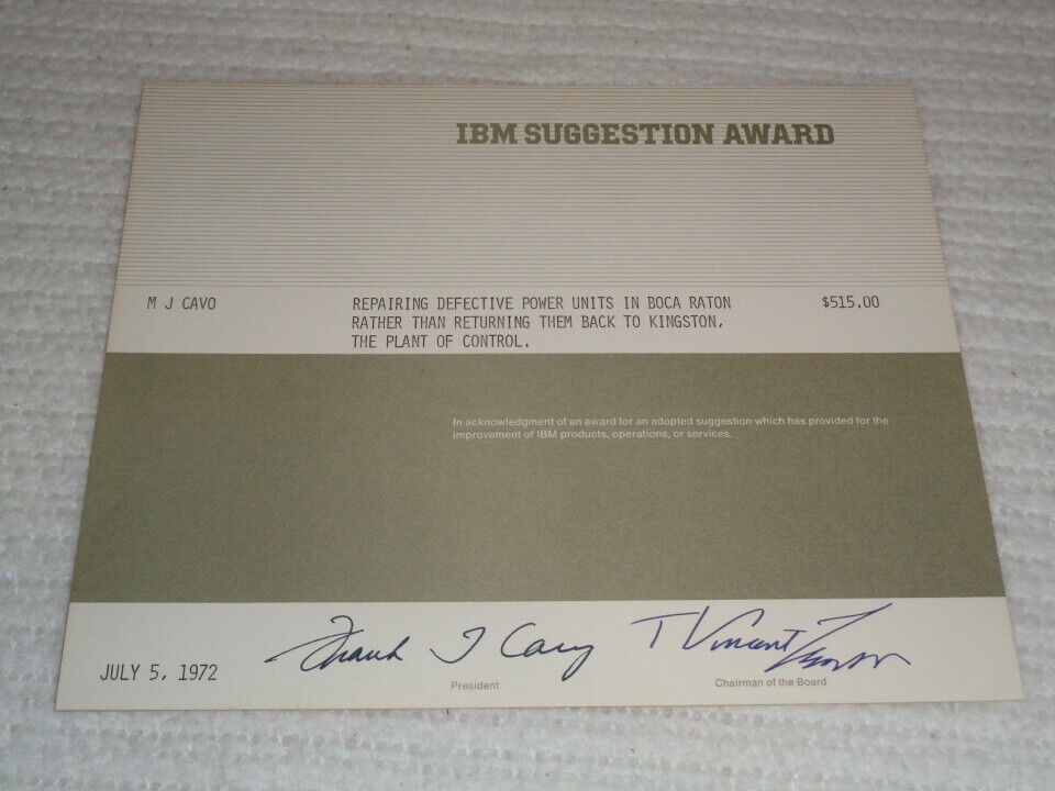 1972 IBM Computers Certificate Signed Chairman T Vincent Learson & Frank T. Cary