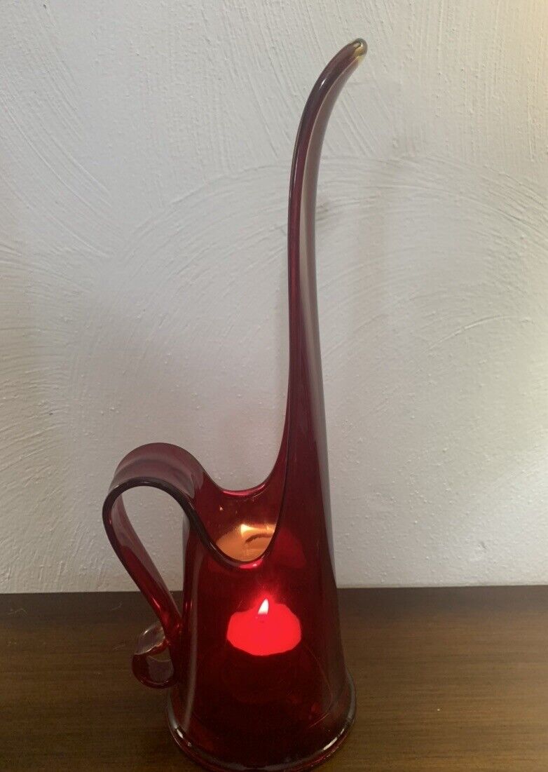 1 Vintage LE Smith Ruby Red Swung Glass Candlestick Holder/Vase  12” X 3 1/2” EC