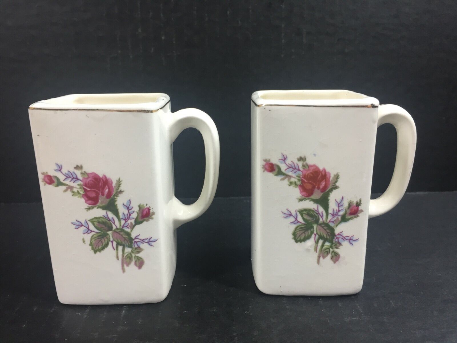 Vintage Japan Square Shaped Tea Espresso Cups Mug Lot Floral Gold Red Rose Pair