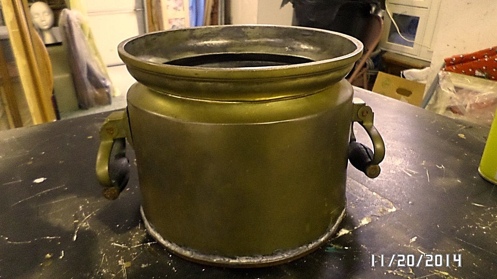 325M Vtg Antq Cooking 4Qt Pot Brass w/Copper Bottom Wood Handles No Lid EXC