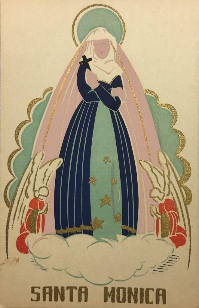 Saint, Angels SANTA MONICA Hand Made Serigraph Art c1920s Rare Vintage Postcard