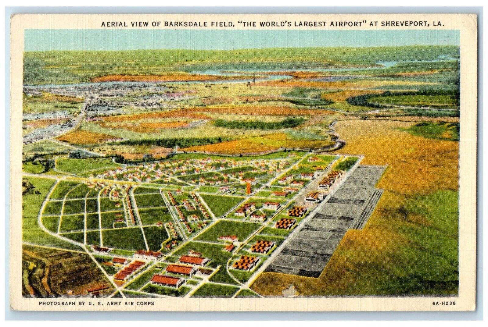 1939 Aerial View Barksdale Field Largest Airport Shreveport Louisiana Postcard