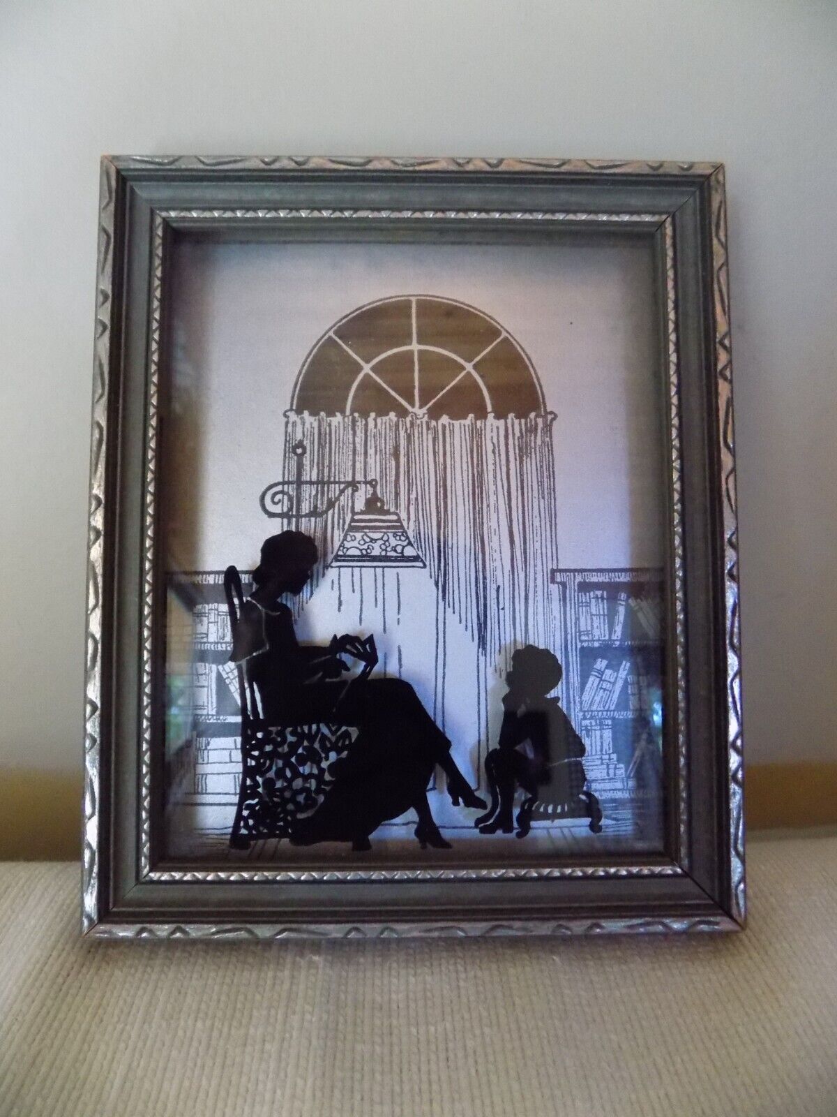 Vintage Reverse Painted Silhouette Glass Picture Frame Mom Reading to Child