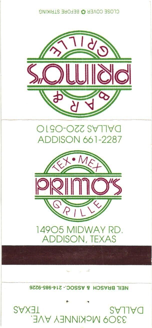 Primo's Grille Tex Mex, Addison, Texas, Bar & Grille Vintage Matchbook Cover