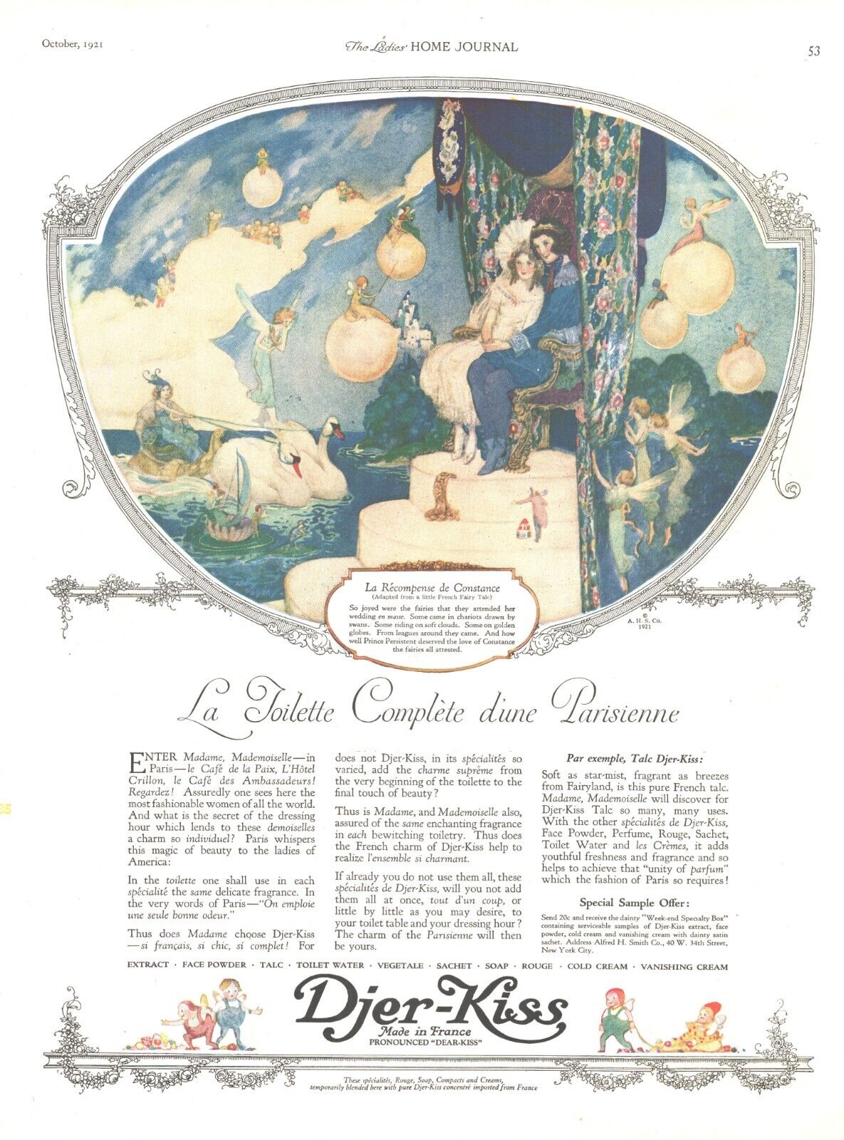 1921 Djer Kiss Perfume Antique Print Ad France Fairy Tale Swans Art Nouveau
