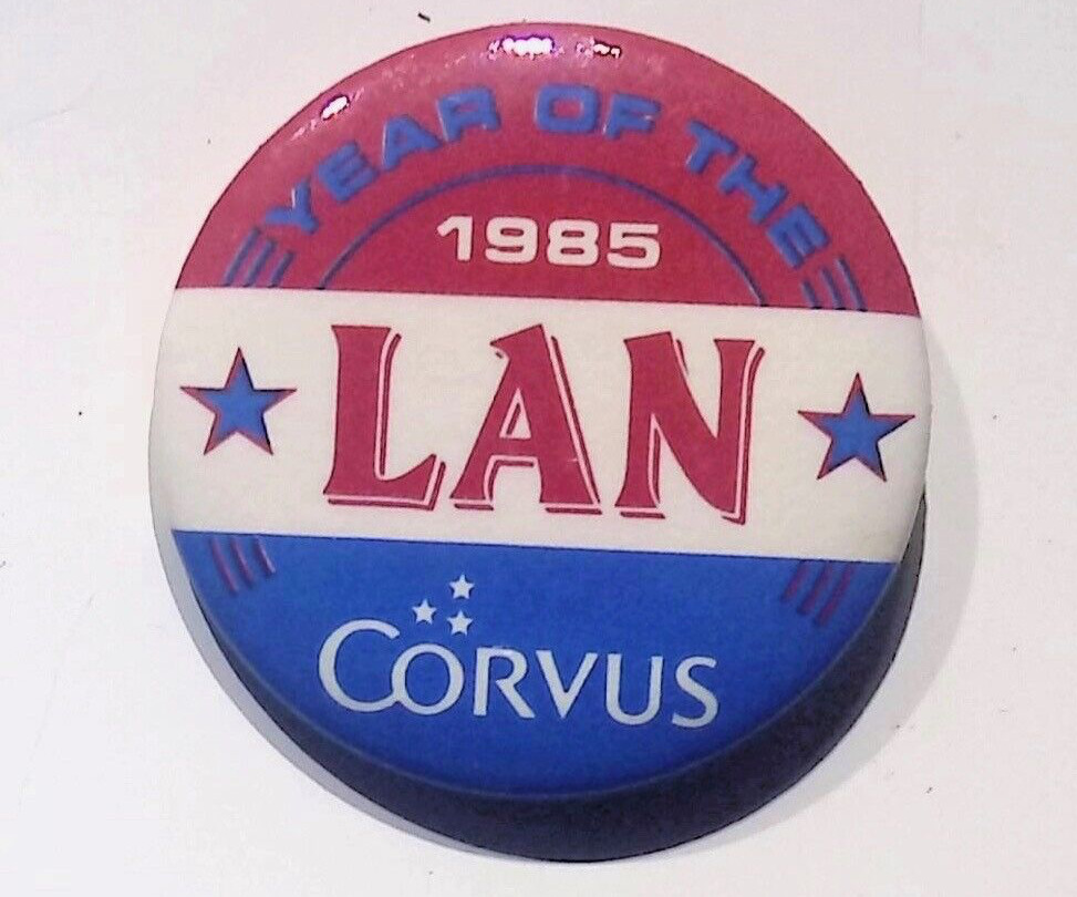 1985 CORVUS RESEARCH LAN ADVERTISEMENT BUTTON PIN - CYBER INSURANCE