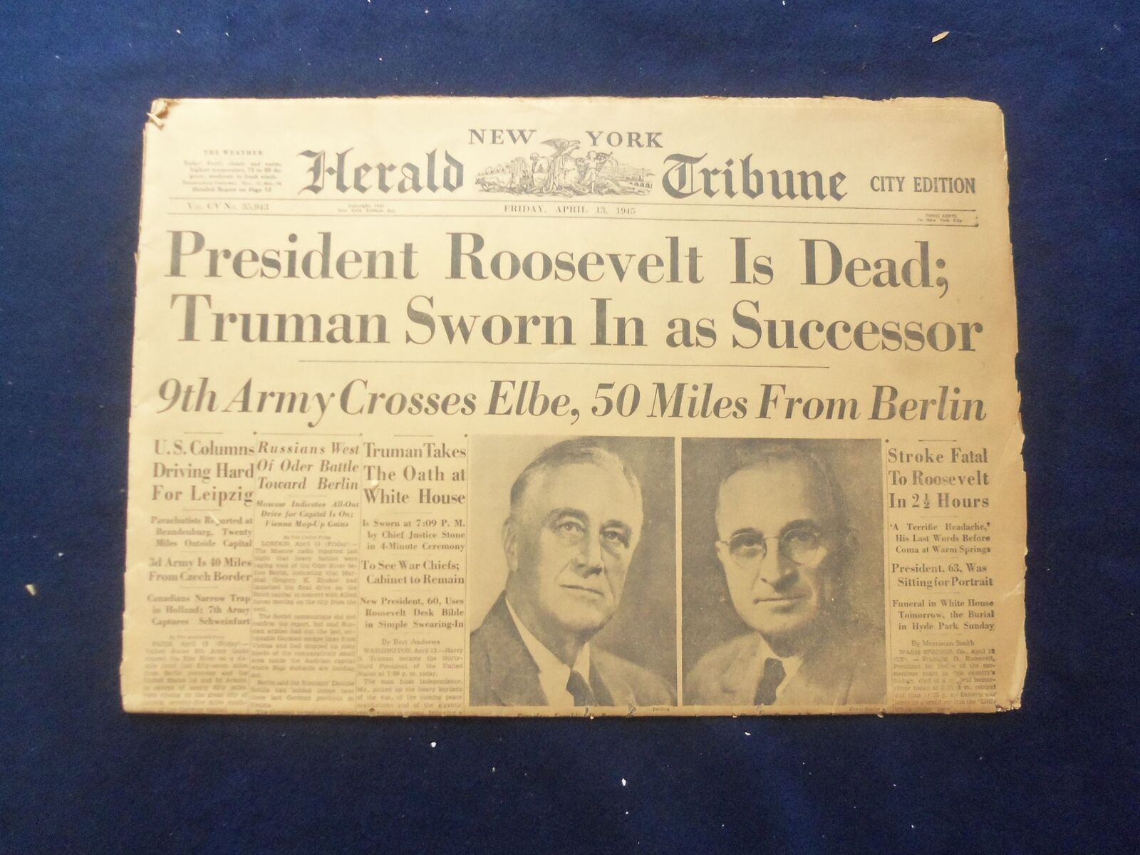 1945 APRIL 13 NEW YORK HERALD TRIBUNE NEWSPAPER-PRES ROOSEVELT IS DEAD - NP 6463