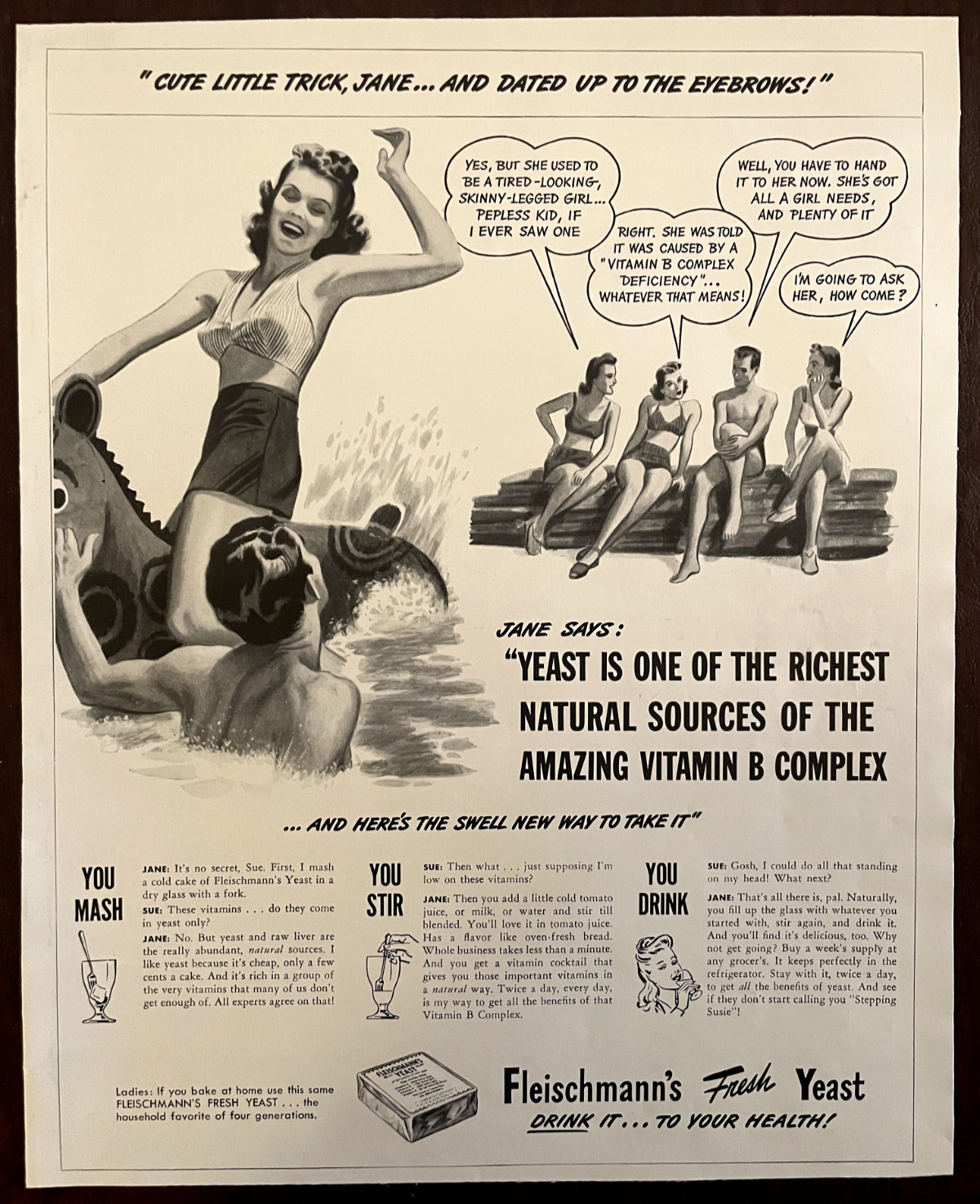 1941 FLEISCHMAN\'S Yeast Vintage Print Ad Bikini Swimming Energy Drink Vitamin B