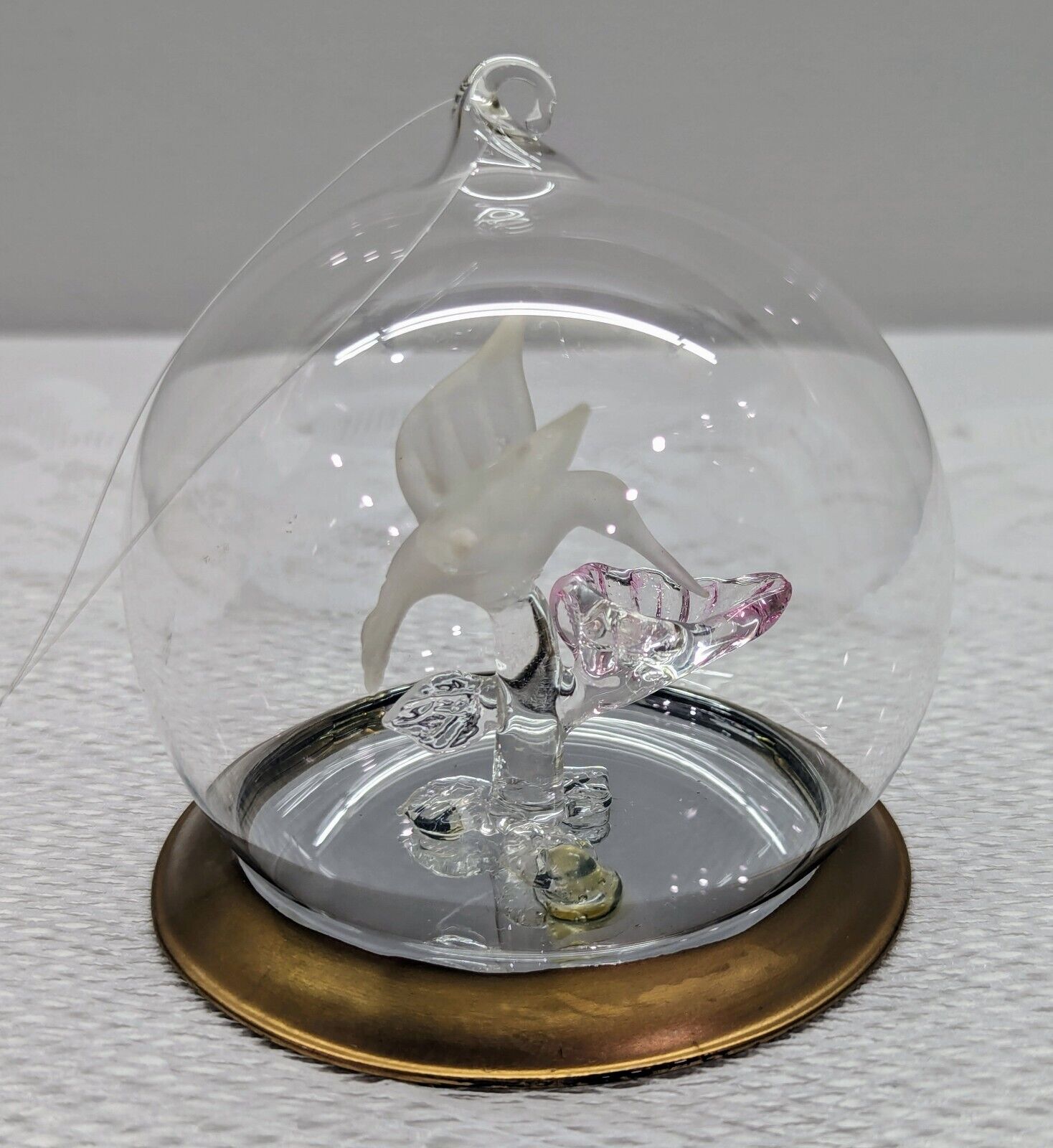 Lovely Vintage Dome Ornament w Felt Bottom, Glass Hummingbird & Flower Figurine 