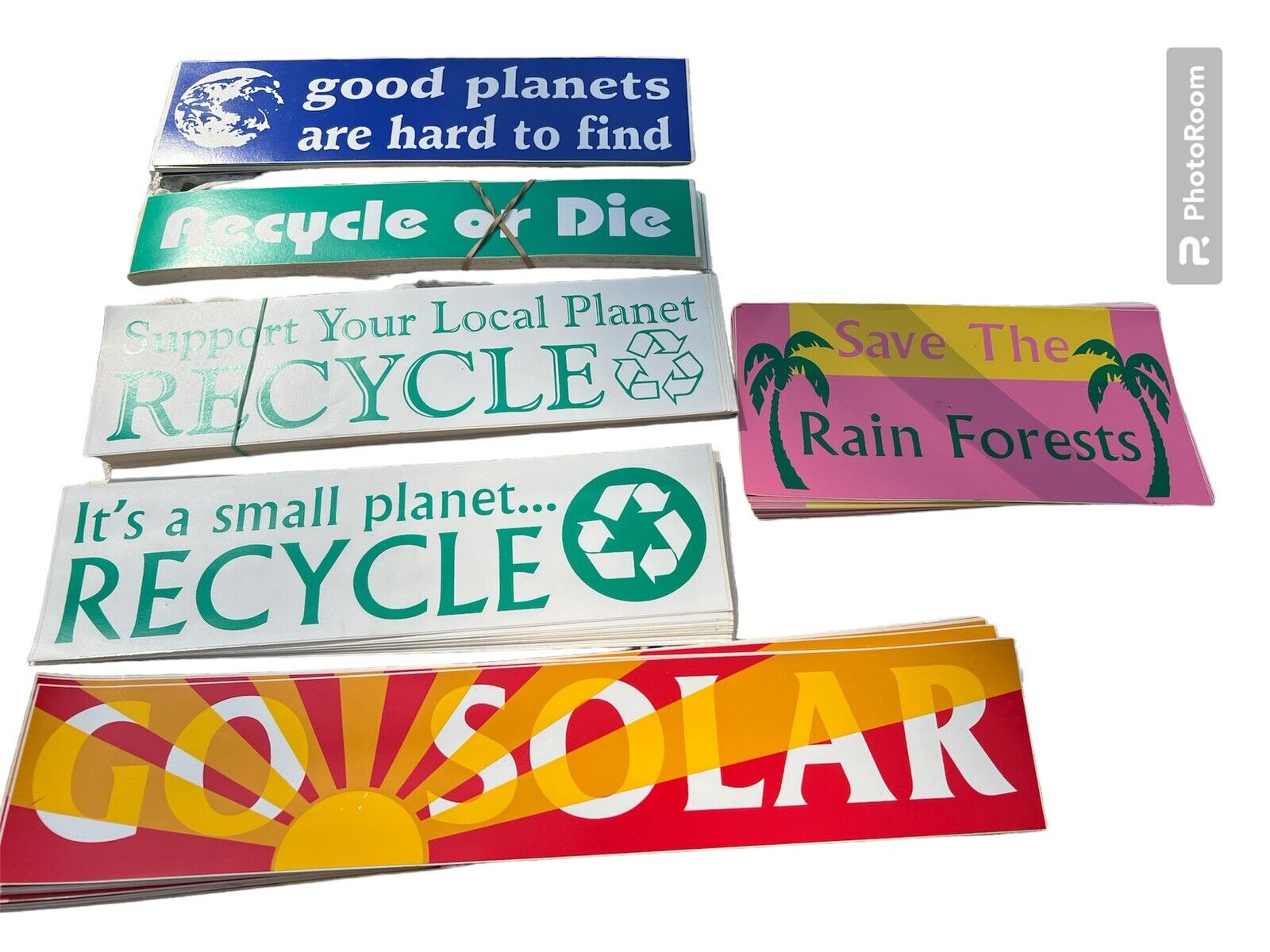 Environmental Bumper Sticker lot of 6 think globally act locally, recycle, Solar