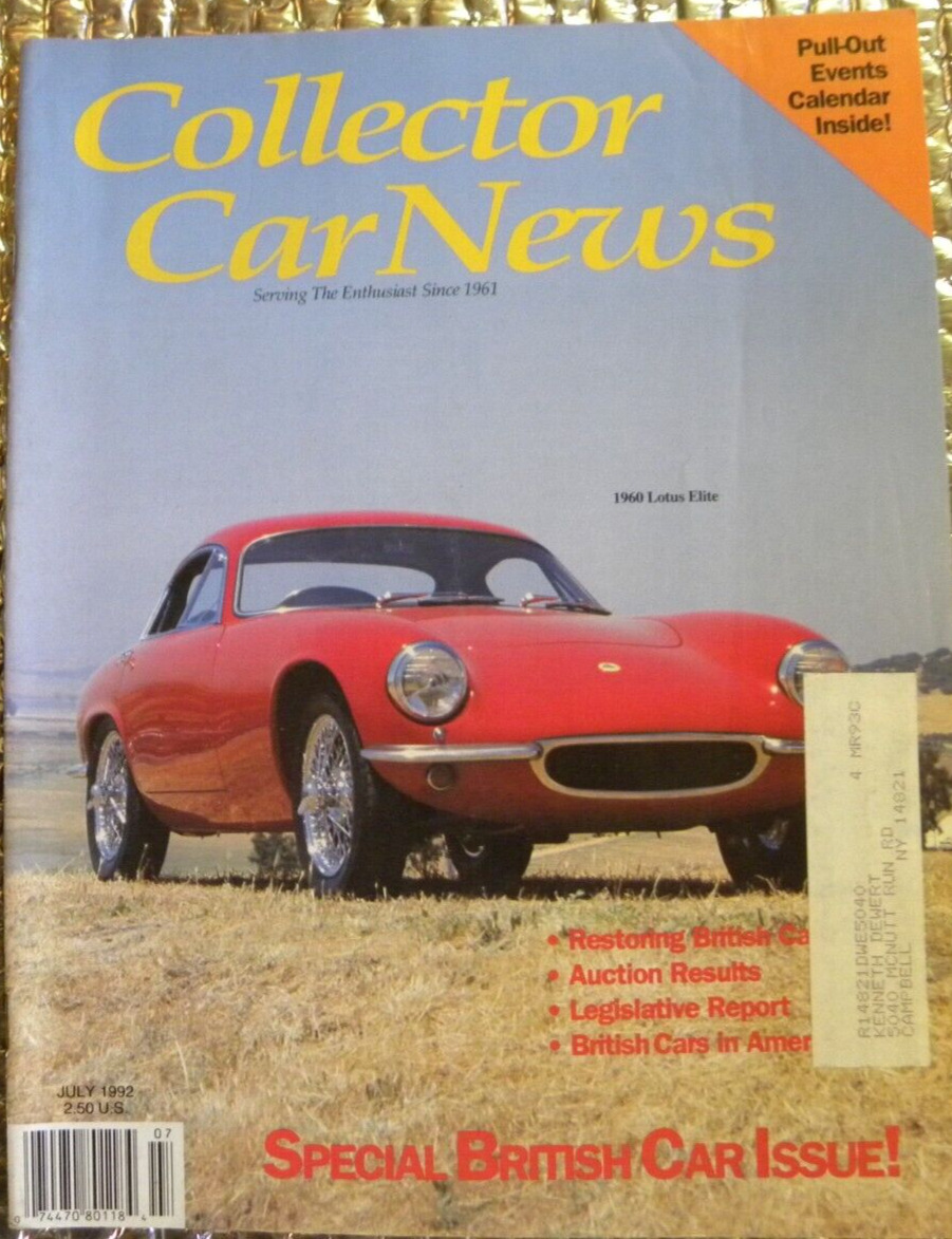 Collector Car News Magazine July 1992 Cover 1960 Lotus Elite