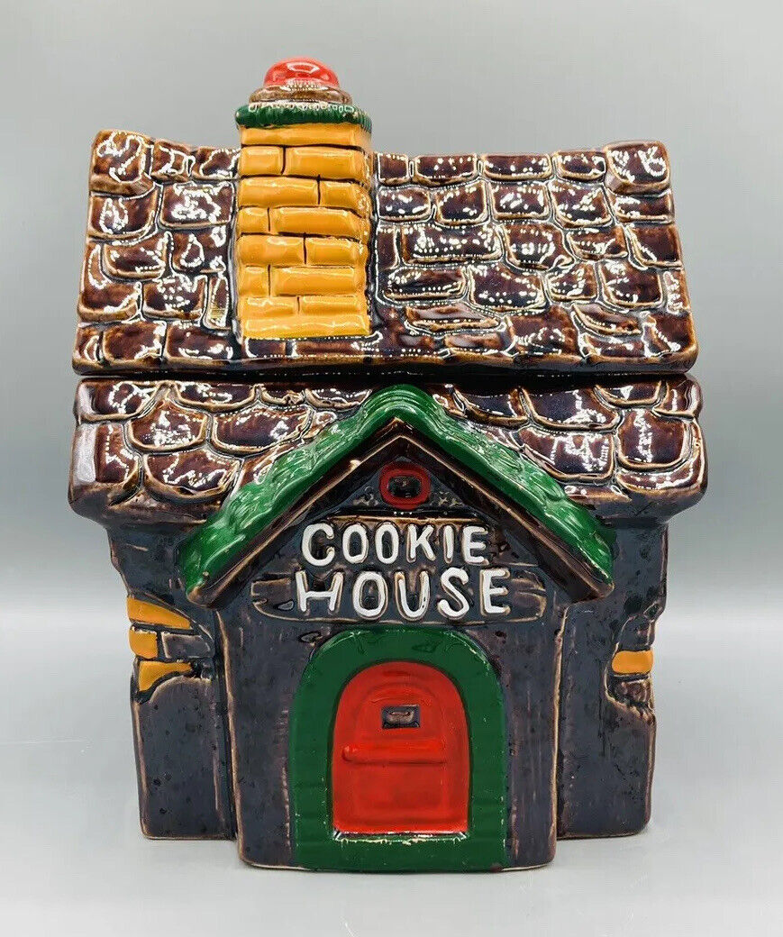 Vintage Mid Century Cookie House Cabin Jar brown red yellow green Collectible