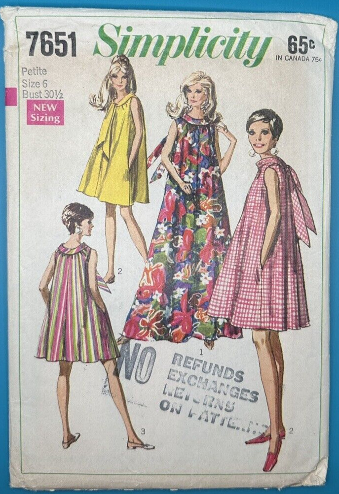 Muu Muu Front Back Bias Collar Dress Pattern Simplicity 7651 Size 6 1960's VTG
