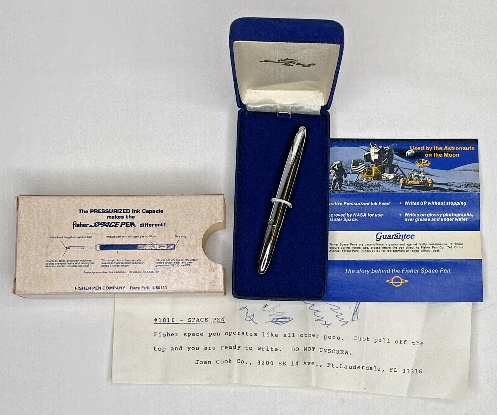 Vintage Fisher Space Pen Working Silver Tone Blue Ink with Case and Paperwork