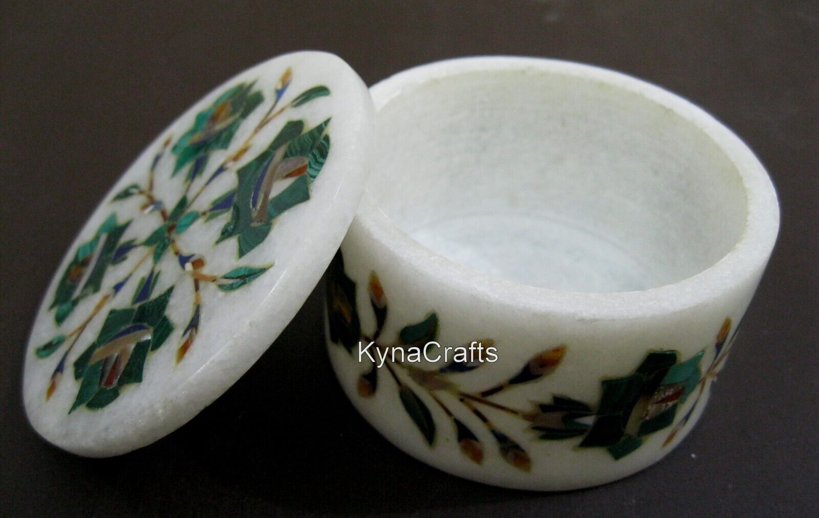 3 Inches Malachite Stone Inlay Work Handmade Box Round White Marble Jewelry Box