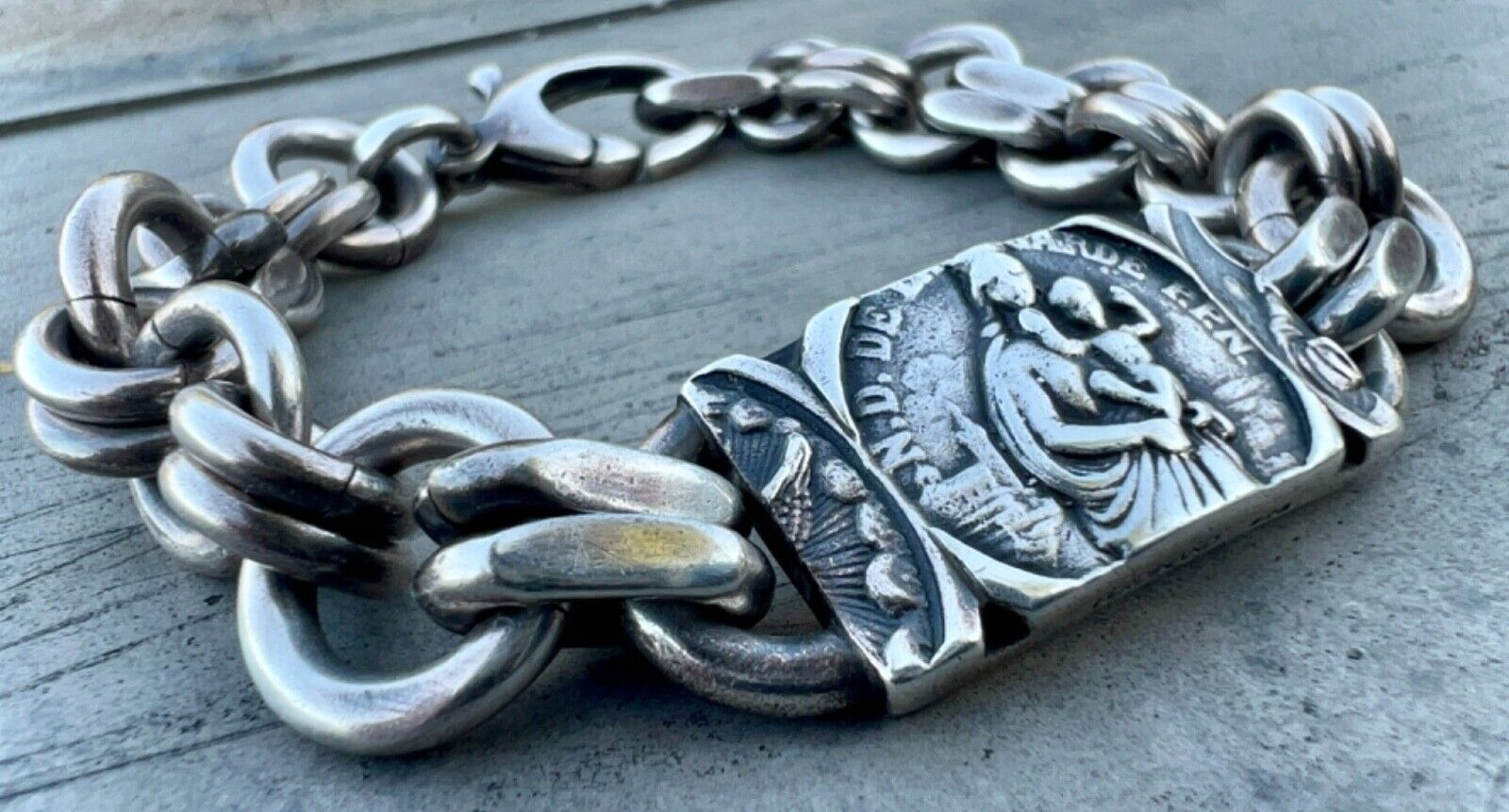 HEAVY 77 Gram Vintage Our Lady of the Guard Virgin Mary ID Bracelet by Ferdinand