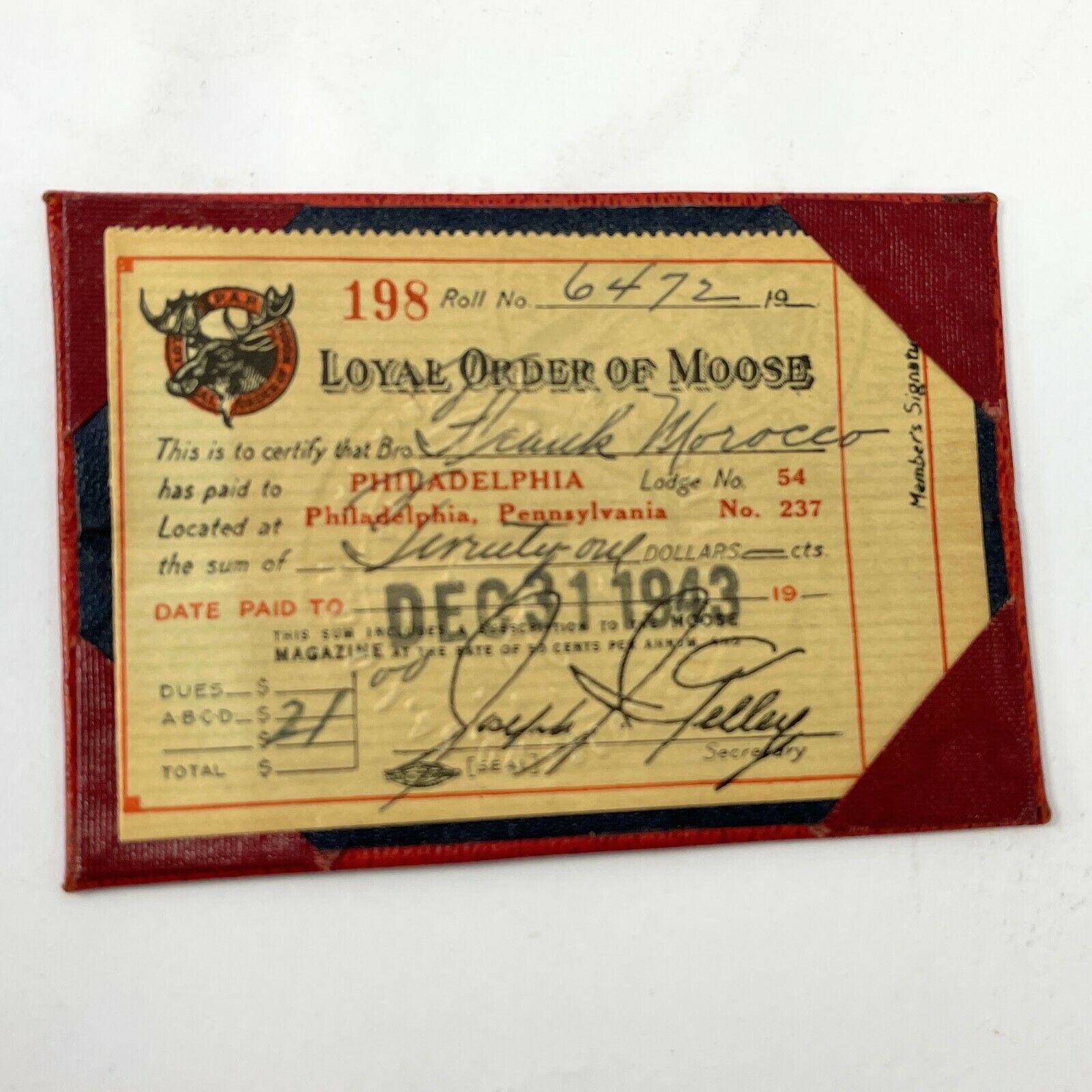 1943 Loyal Order of Moose Philadelphia Annual Receipt Membership Card