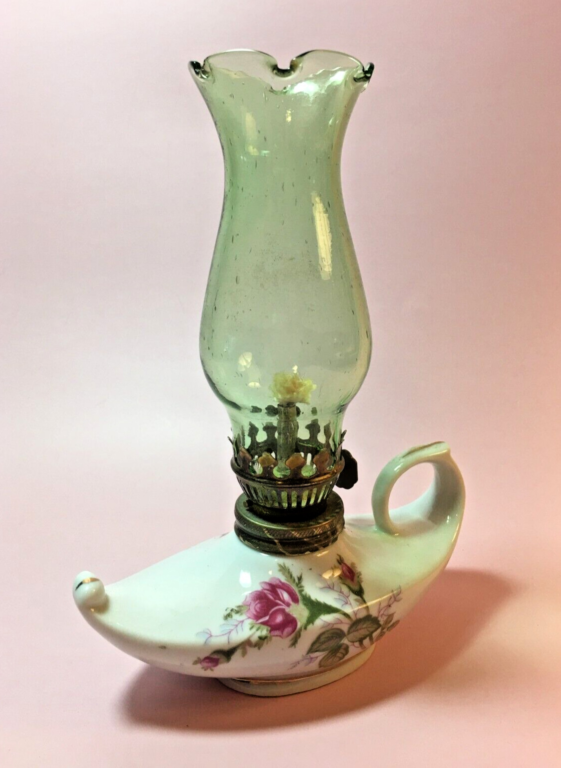 Vintage Miniature Oil Lamp Ceramic Floral Moss Rose Genie Aladdin