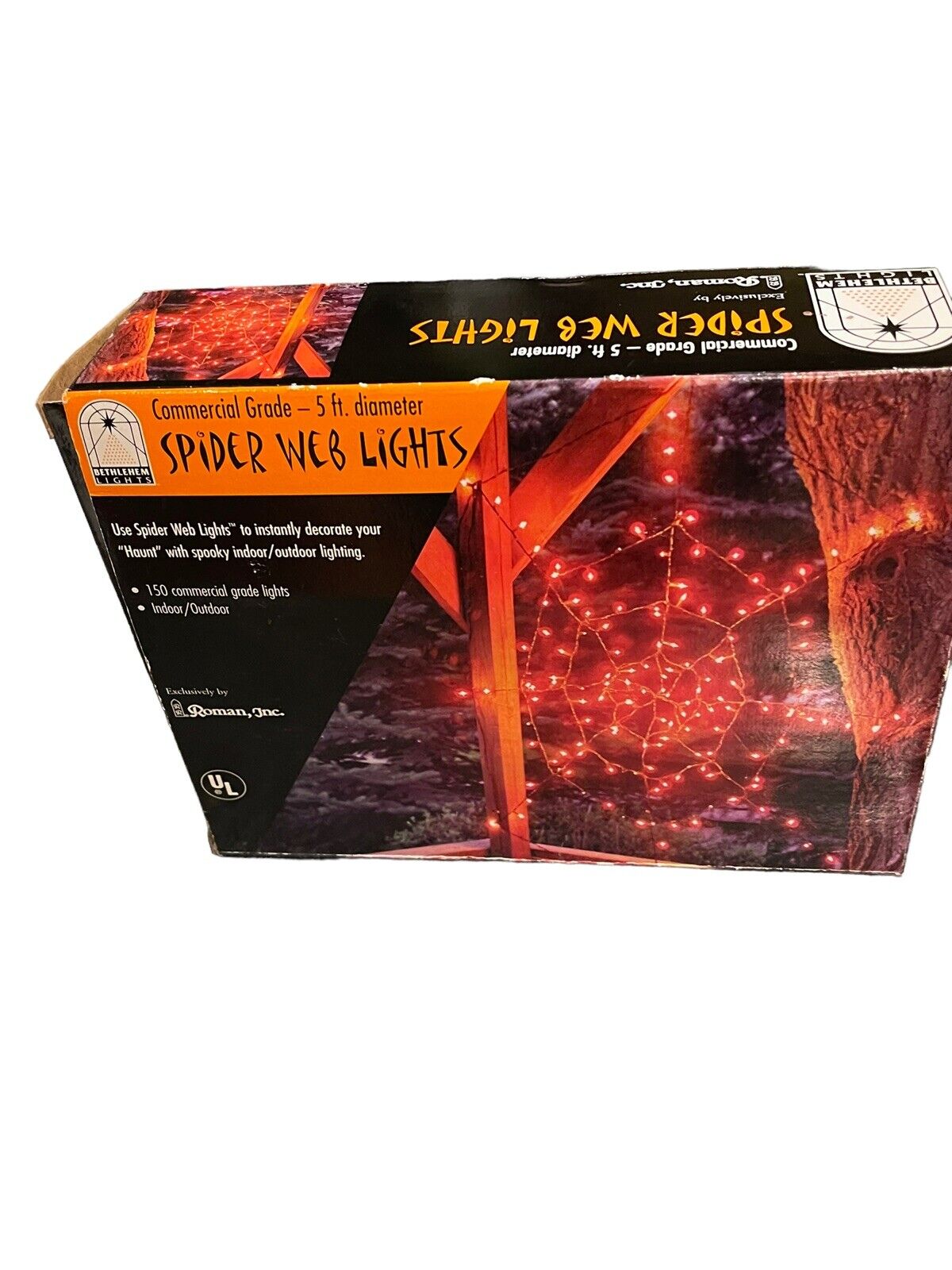 Halloween Orange 5 Ft Diameter Spider Web 150 Lights Indoor Outdoor Spooky  New