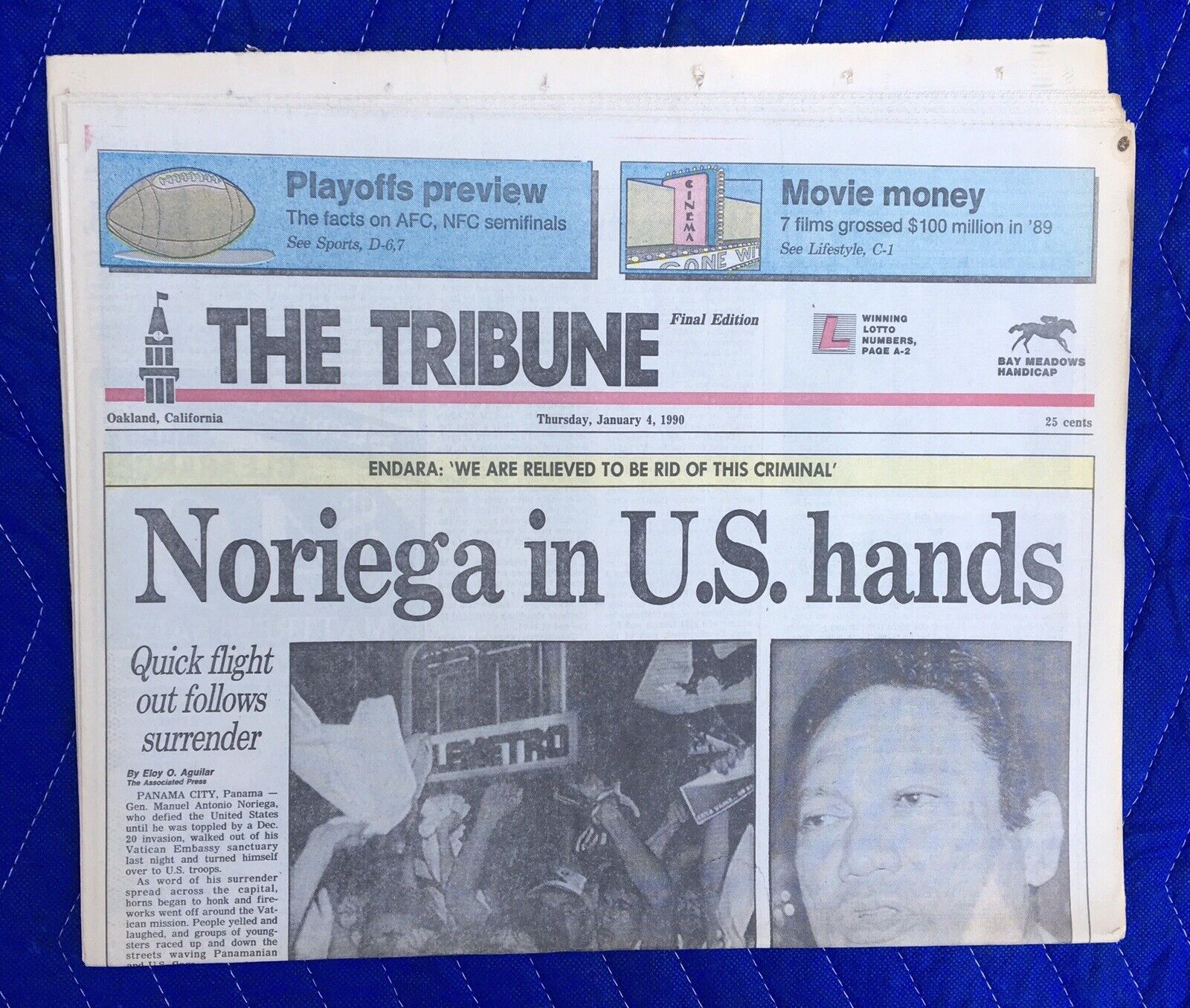 NORIEGA IN U.S. HANDS JANUARY 4 1990 COMPLETE NEWSPAPER OAKLAND TRIBUNE NEW