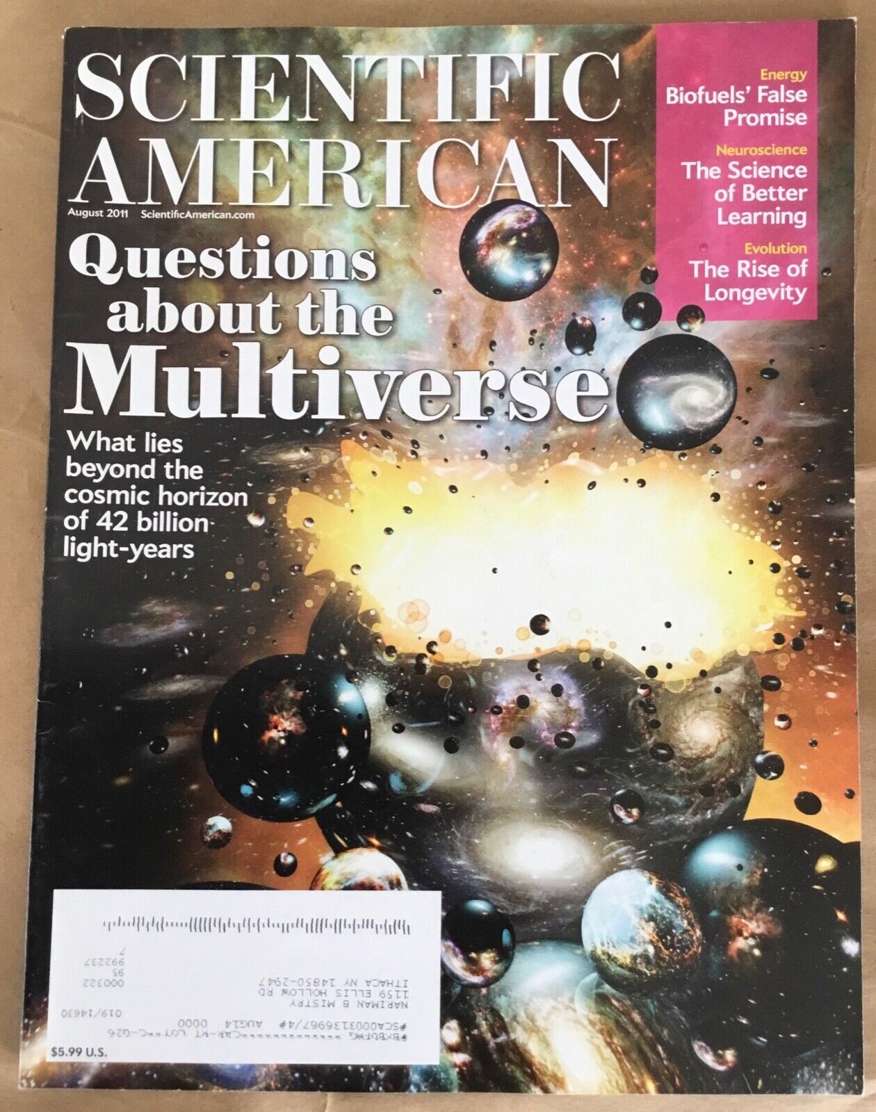 Scientific American magazine August 2011 back issue Multiverse Biofuel NY Crime