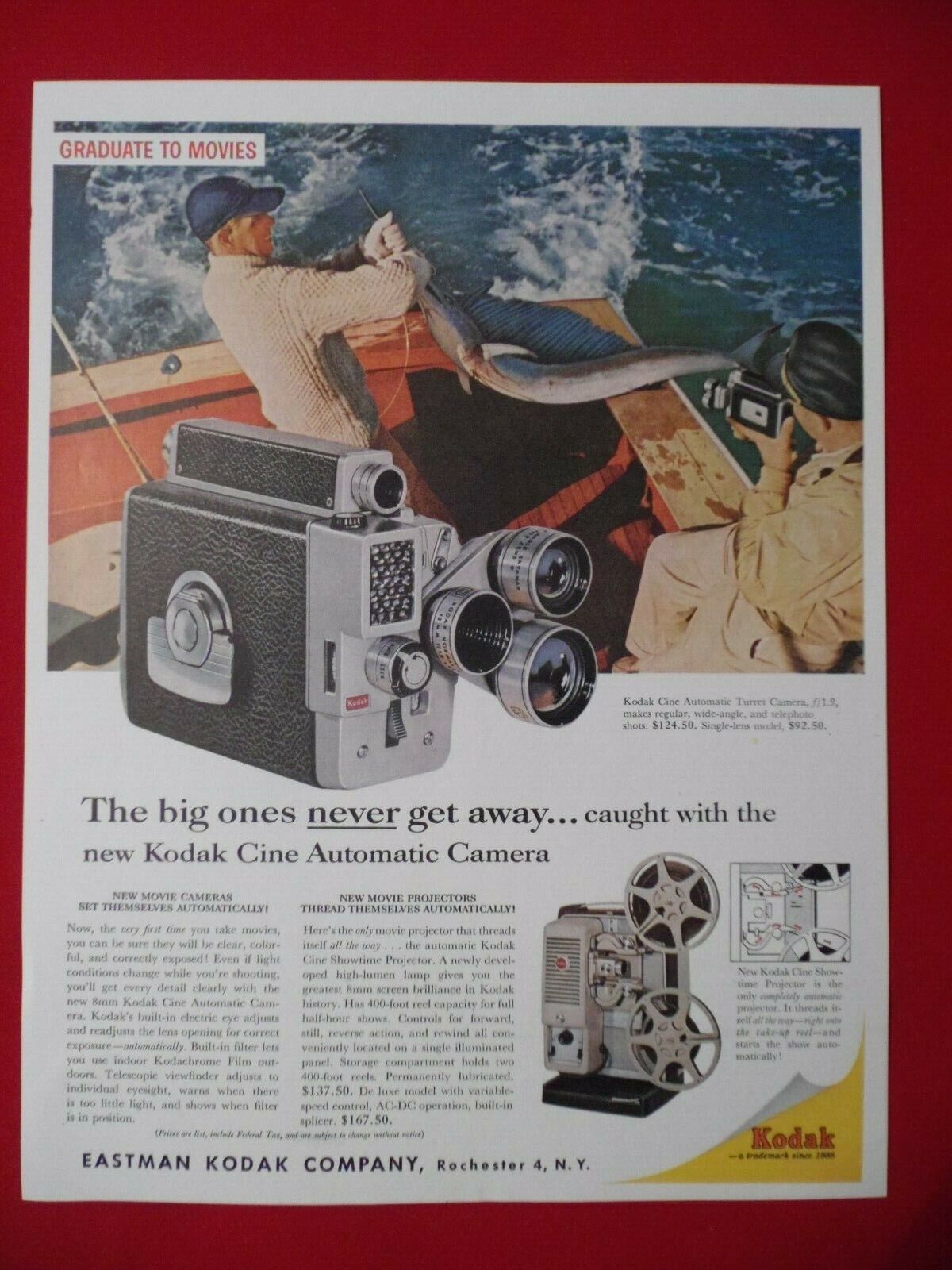1959 Kodak Cine Automatic Camera: Fishing Vintage Print Ad