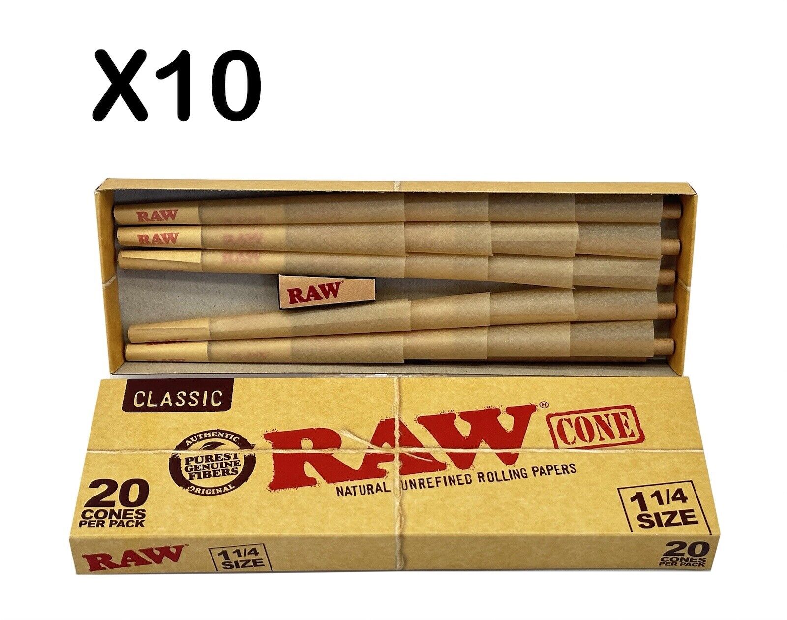10 X Raw Classic 1-1/4 Size Pre-Rolled Cones 20 Pack. 