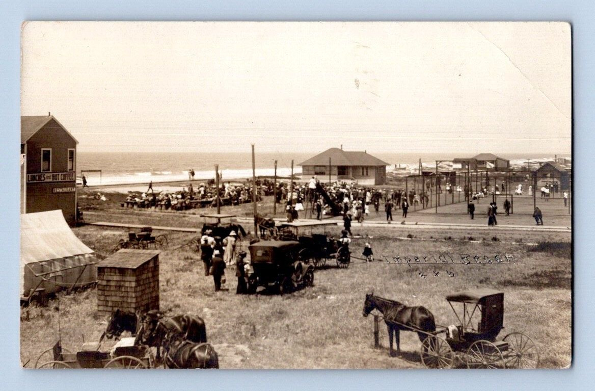 RPPC 1910. IMPERIAL BEACH, CAL. BUSY DAY, RESTAURANT, HORSES. POSTCARD RR19