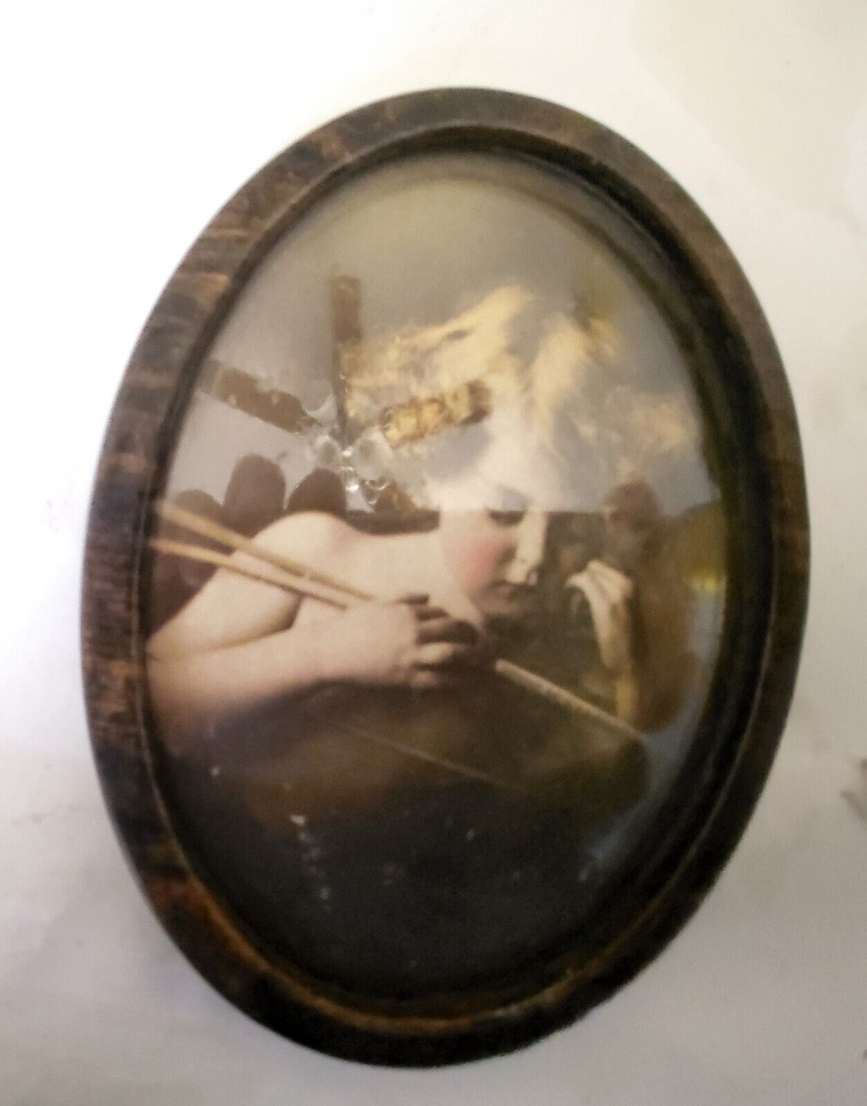 1897 Photo Asleep Cupid Child Bow & Arrow M.B.Parkinson Oval Wood Frame 