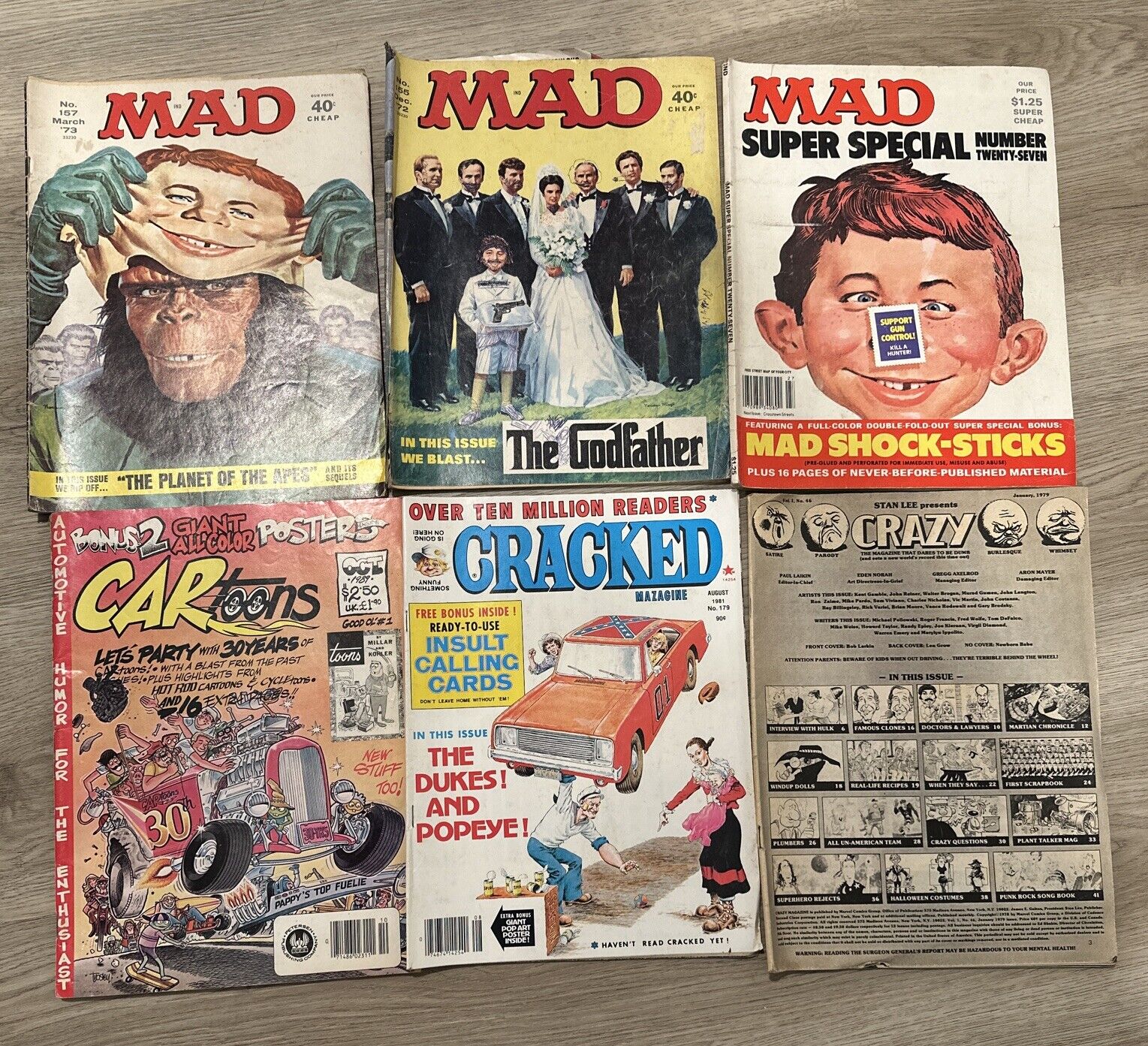 Mad, Cracked, Crazy, CARtoons Magazine Lot 1960 - 1980. Some Missing Covers