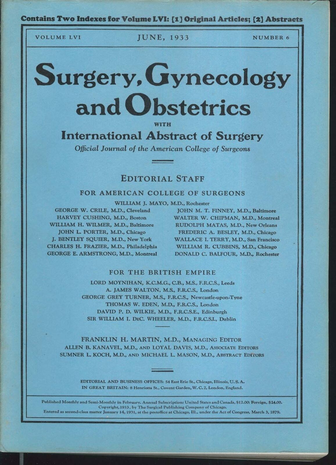 SURGERY GYNECOLOGY & OBSTETRICS William Mayo Breast Cancer Peptic Ulcers 6 1933