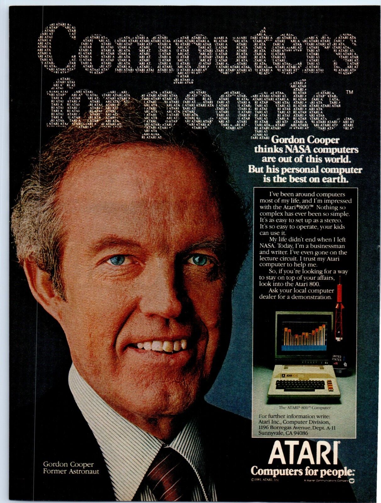 Atari Computers For People Astronaut Gordon Cooper 1981 Print Ad 8\