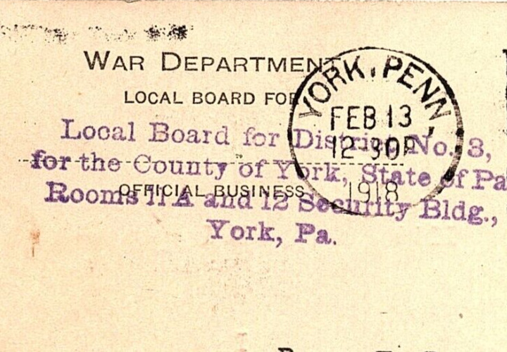 1918 WWI WAR DEPARTMENT LOCAL BOARD CLASSIFICATION SELECTIVE SERV POSTCARD P3189