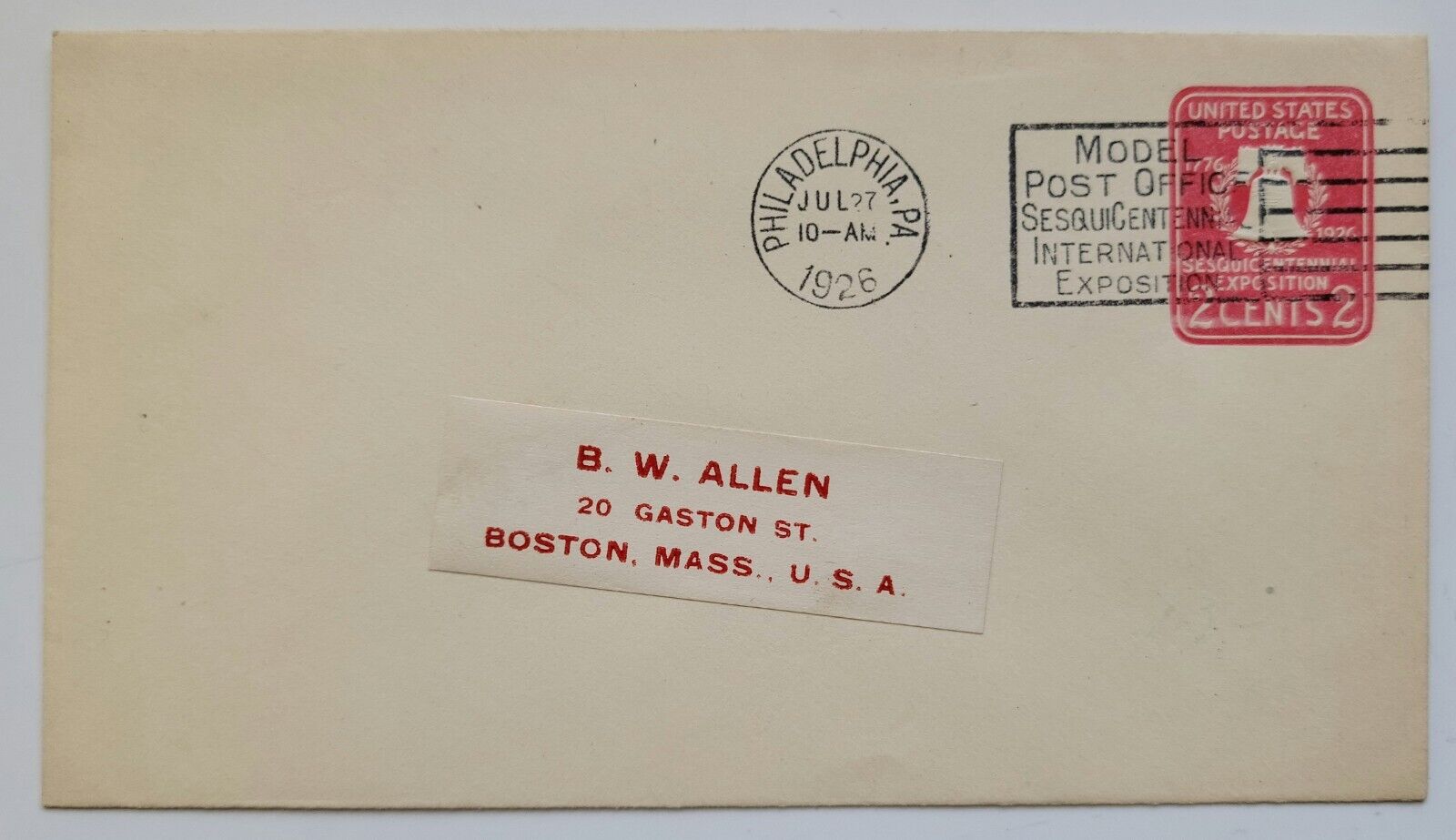 1926 Sesquicentennial International Expo Model Post Office 2 Cents Envelope Mass