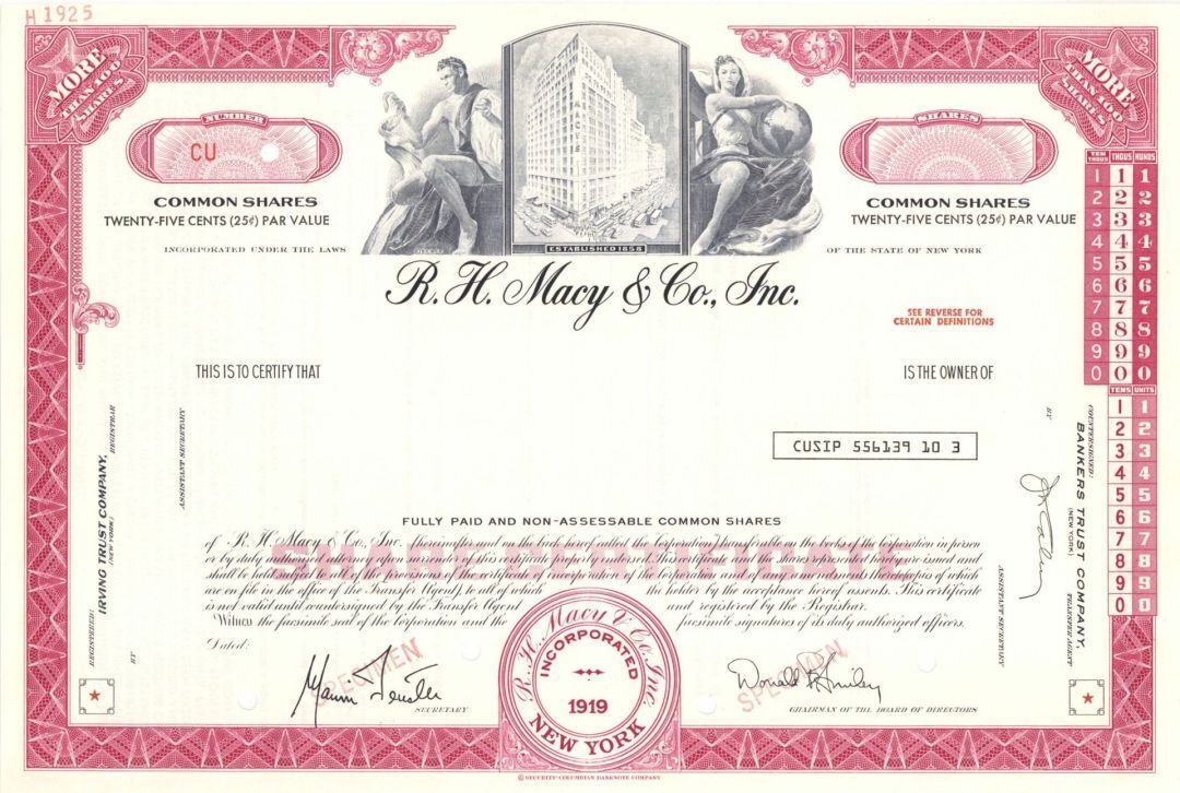 R.H. Macy and Co., Inc. - 1919 Specimen Stock Certificate - Specimen Stocks & Bo