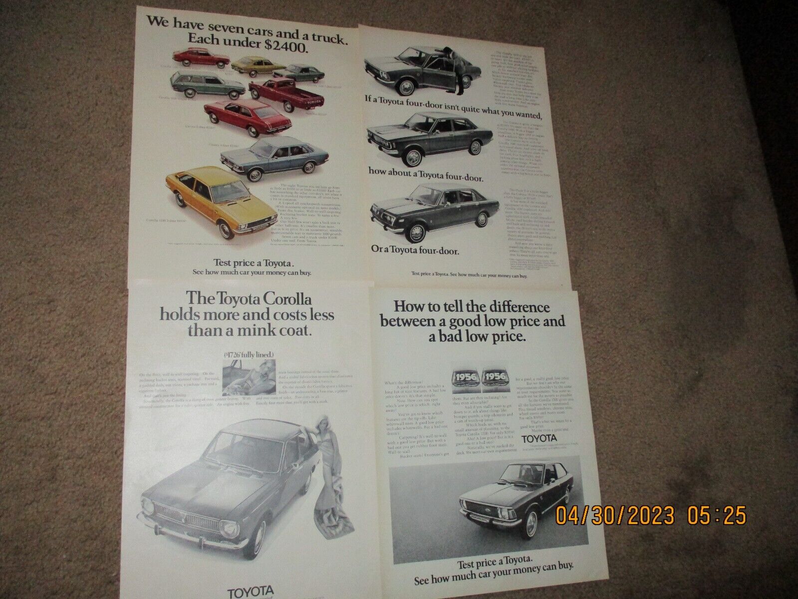 Vintage Toyota Corolla Car Ads, All  Models, 1200, SR-5: Lot  of 6 Smoke Free