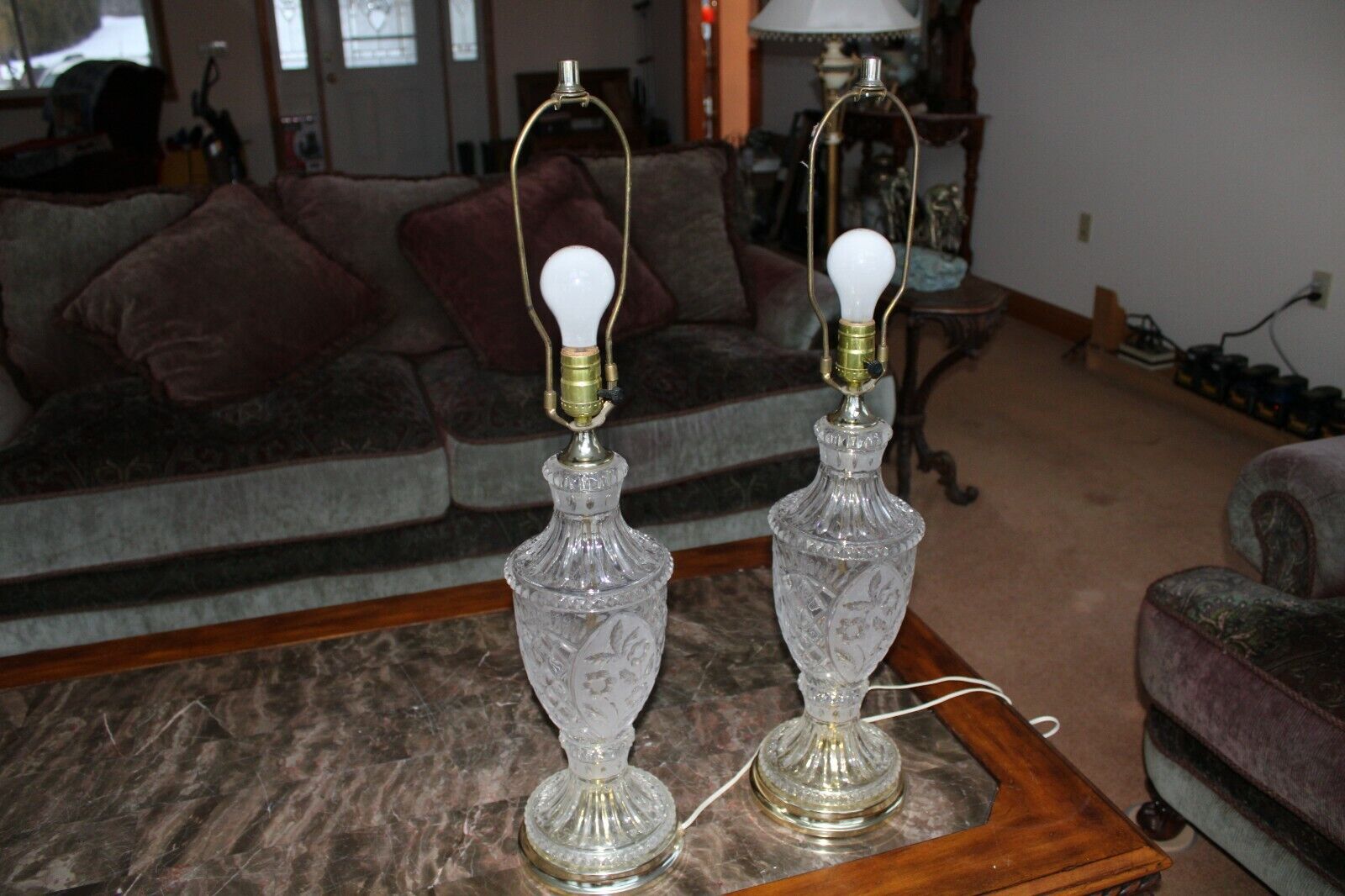 Crystal Frosted Vintage Floral Diamond & Panel Cut Tall 2 Matching Table Lamps