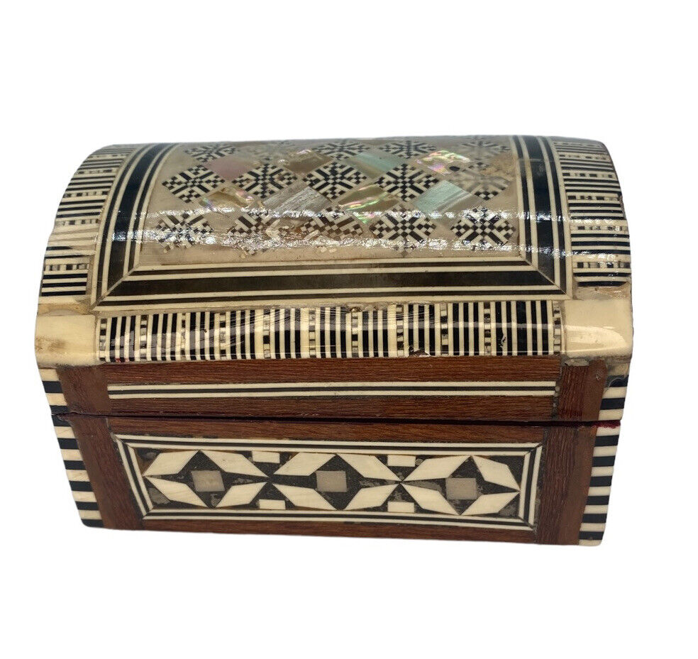 VINTAGE Handmade Indian Wood Trinket Box Mother Of Pearl Boho