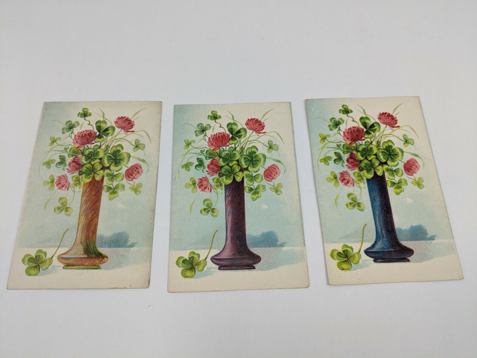 Shammrocks Four Leaf Clover Bouquet In Vase Postcard Lot of 3