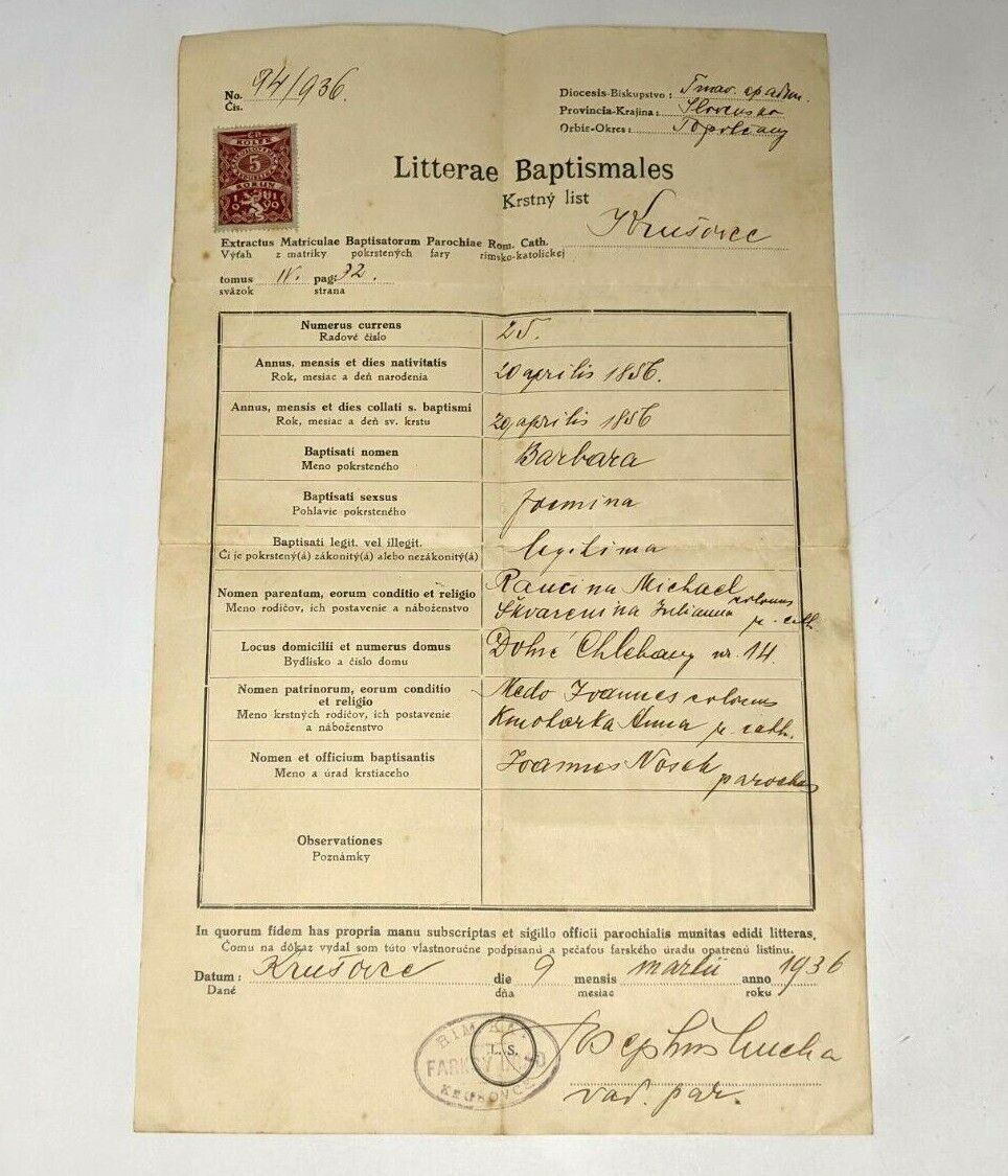 VTG Antique 1936 Latin Slovak Baptism Certificate Letter Document Ephemera KP21