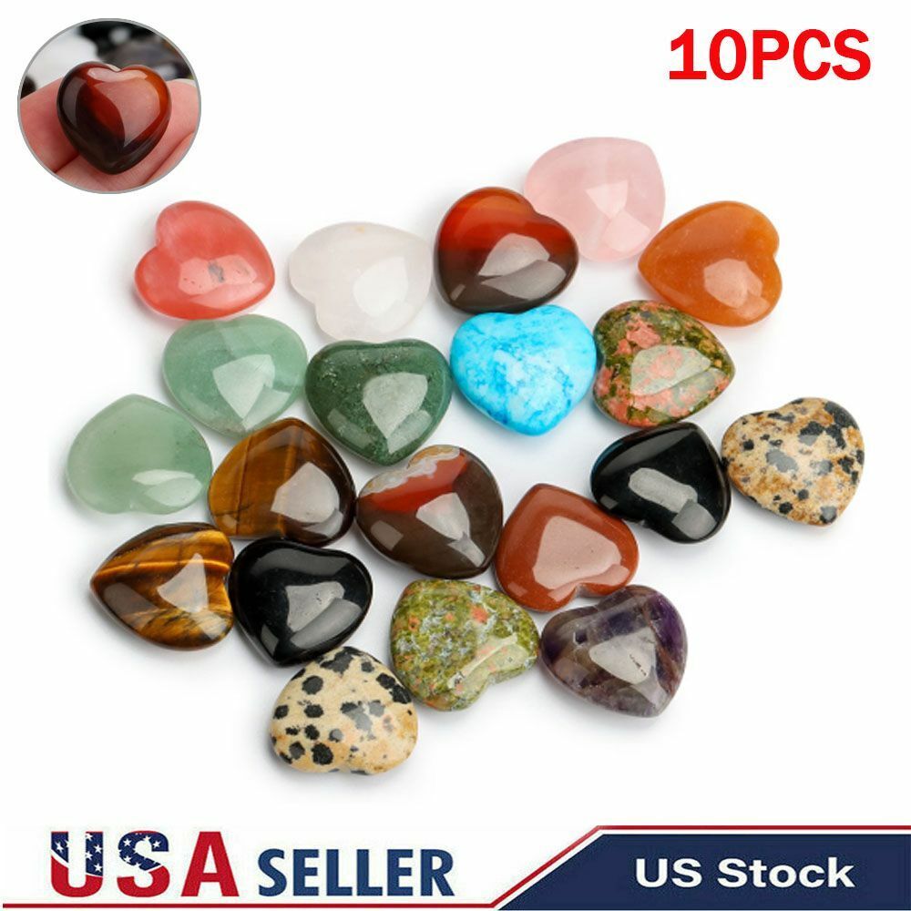10x Heart Shape Natural Healing Crystal Gemstones Reiki Chakra Collection Stones