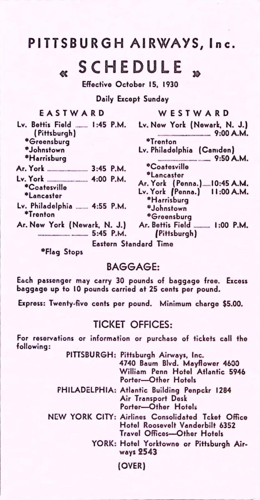 Rare Pittsburgh Airways Schedule Time Table 1930 Airline Aviation Collectible