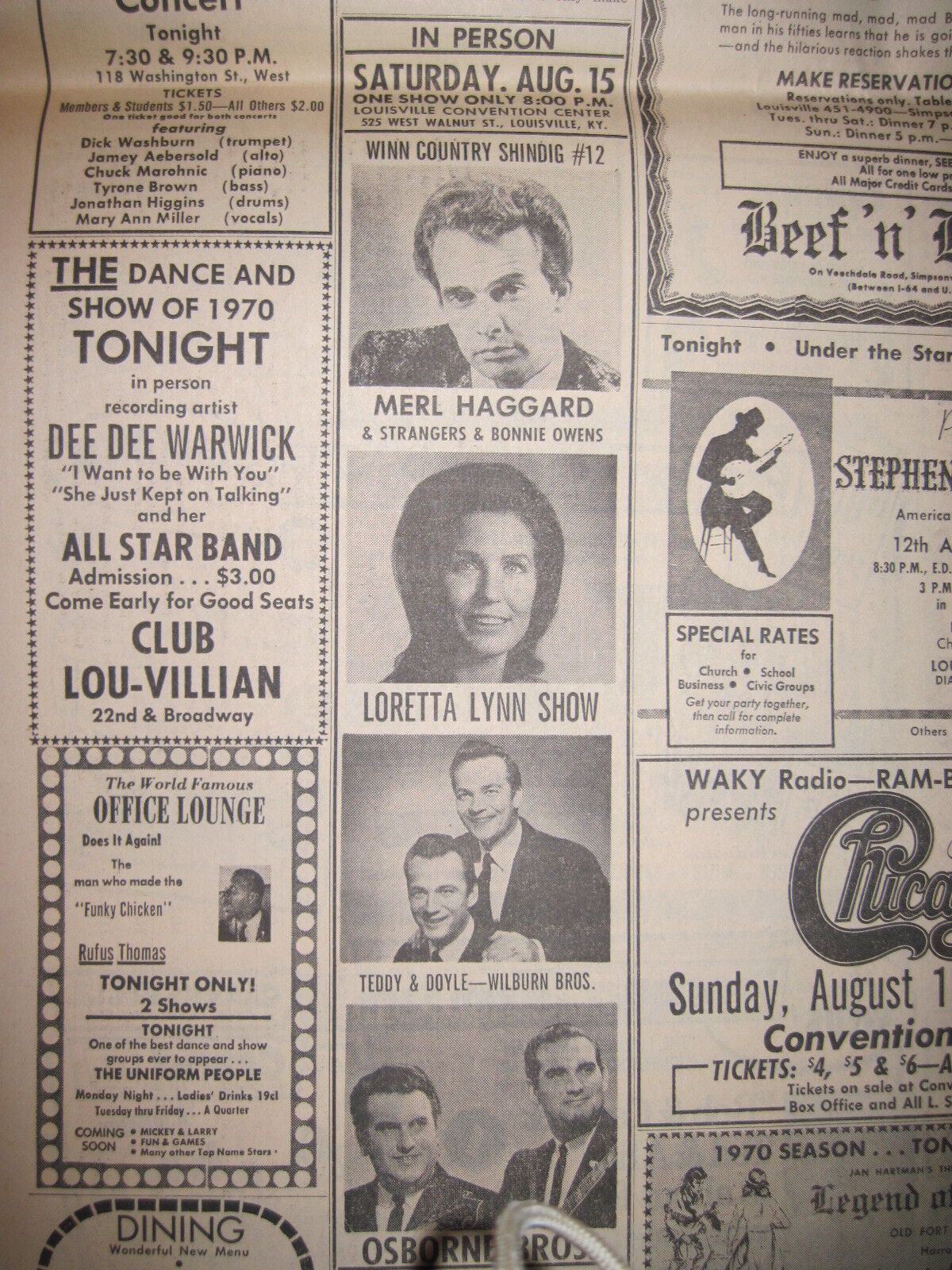 Louisville Courier Journal 1970. Loretta Lynn, Merle Hagard Original Concert Ad