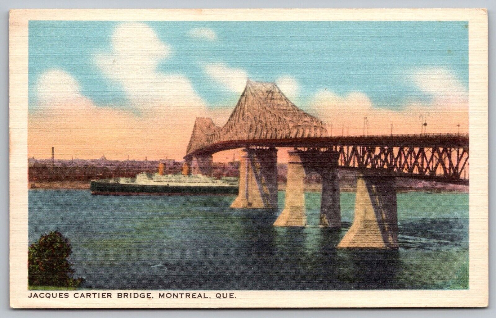 Jacques Cartier Bridge Montreal Quebec Canada Ship Waterway Linen VNG Postcard