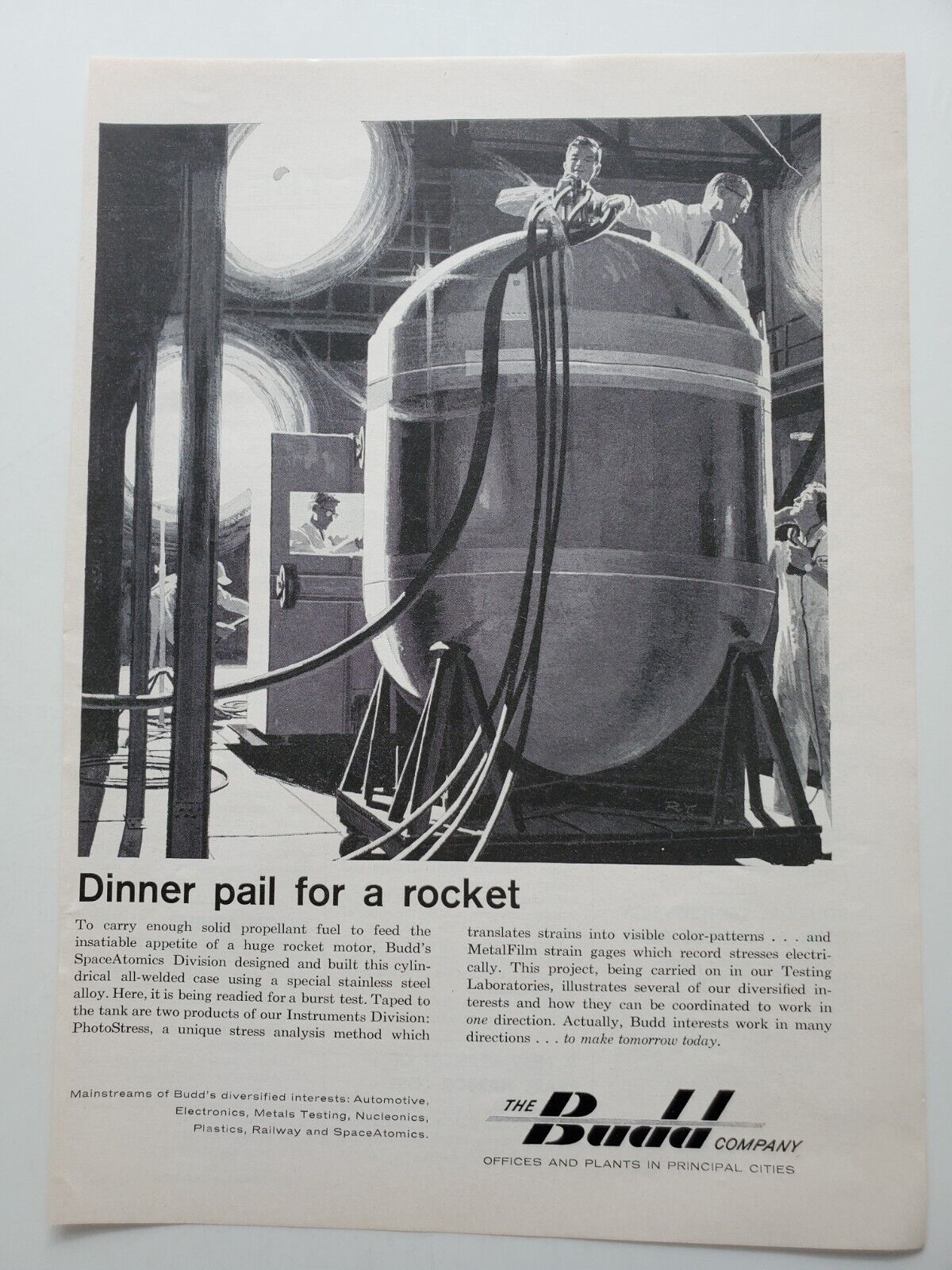 The Budd Company Solid Rocket Fuel Container 1960 Vintage Print Ad