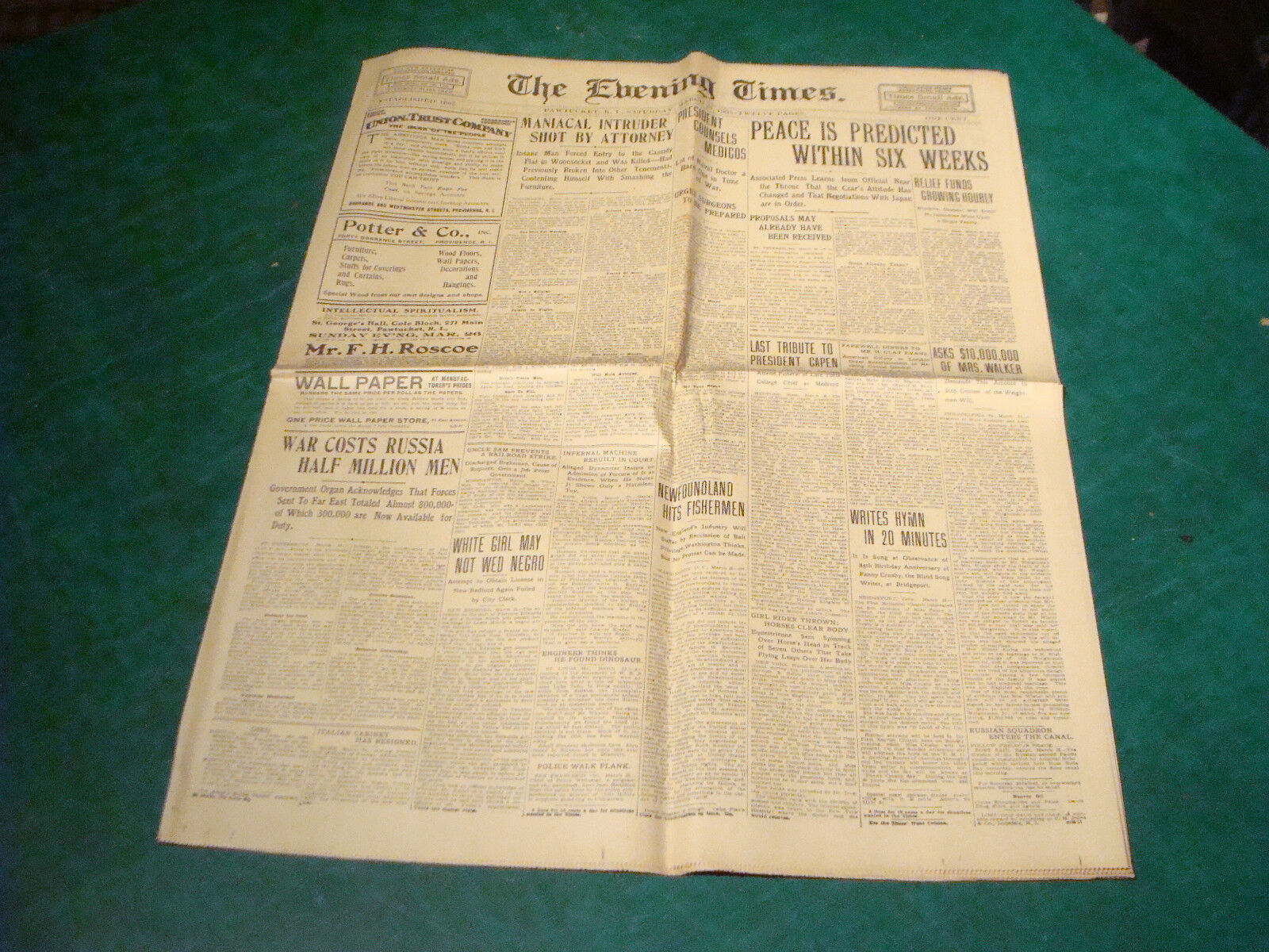 1905 The Evening Times Pawtucket RI - 3-25; PEACE PREDICTED IN 6 WEEKS, etc