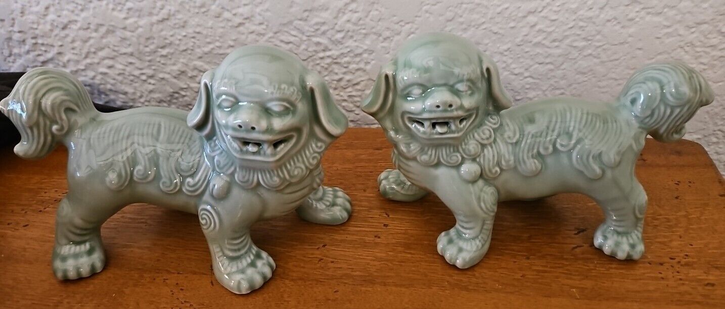 Pair vintage Porcelain Foo Dogs by Andrea by Sadek -Celadon glaze -In great cond